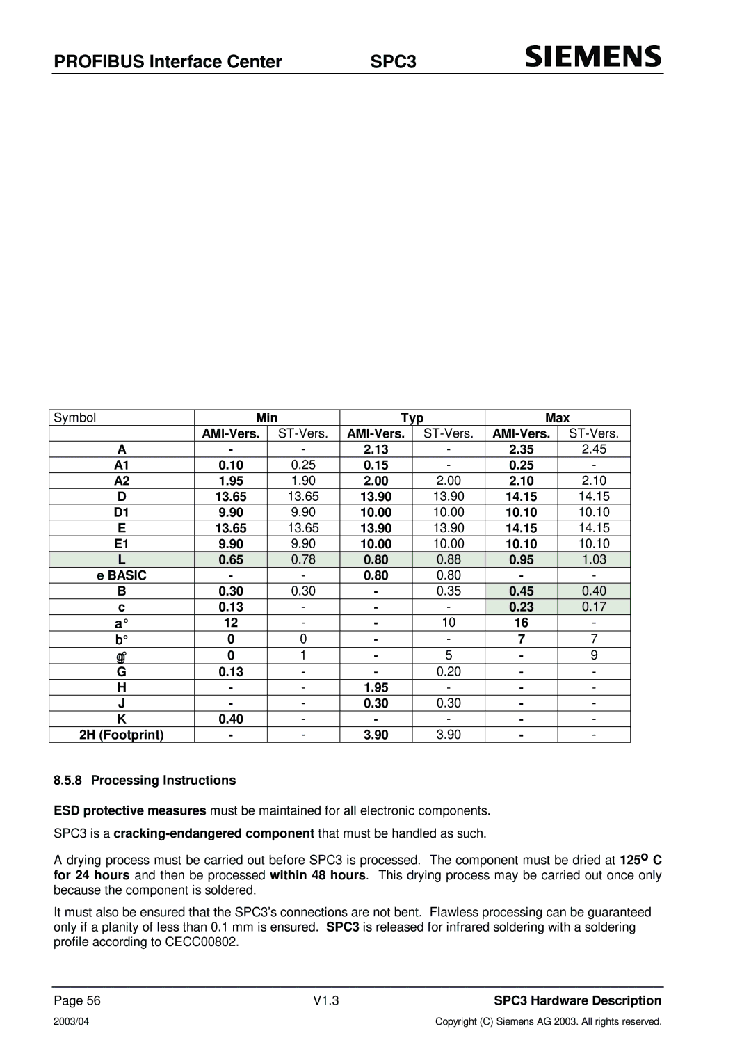 Siemens SPC3 Symbol Min Typ Max AMI-Vers, 13.65, 13.90, 14.15, 10.00, 10.10, Basic 2H Footprint Processing Instructions 