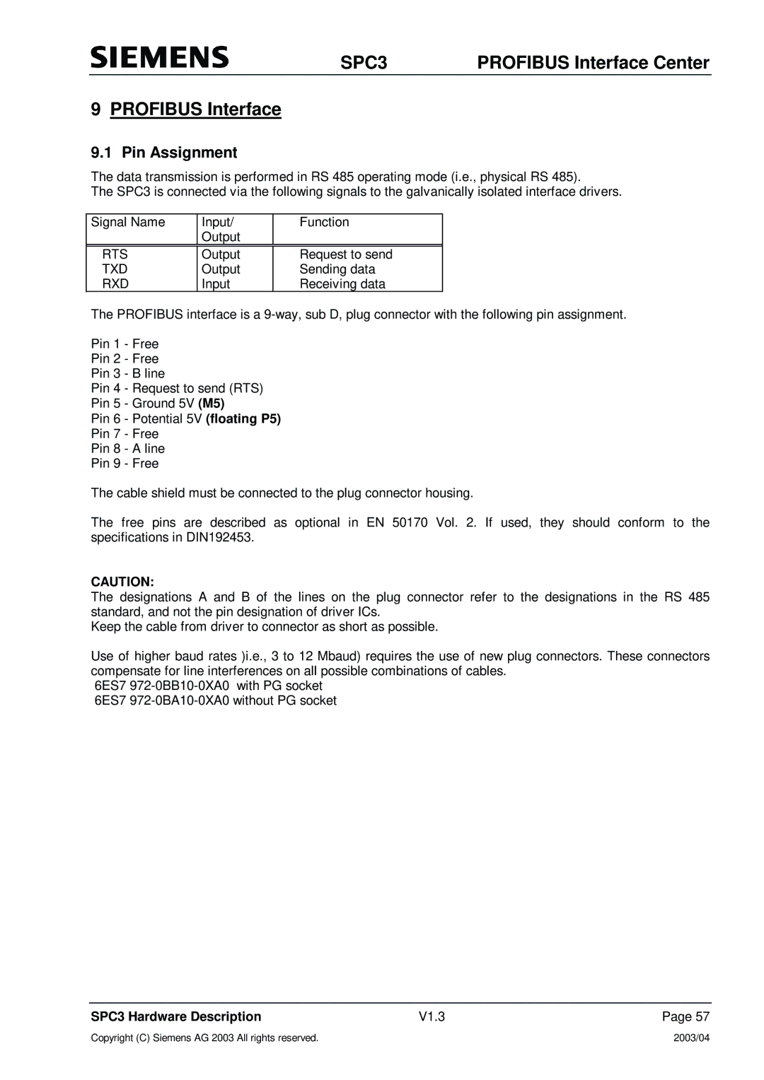 Siemens SPC3 manual Profibus Interface, Pin Assignment, Rts, Txd, Rxd 