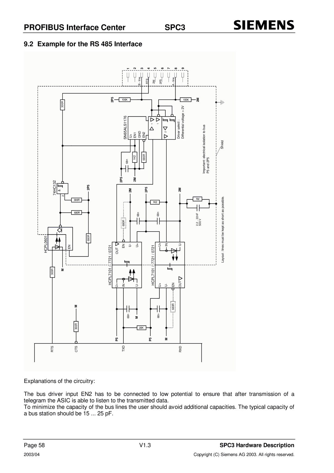 Siemens SPC3 manual Example for the RS 485 Interface, SN65ALS1176 