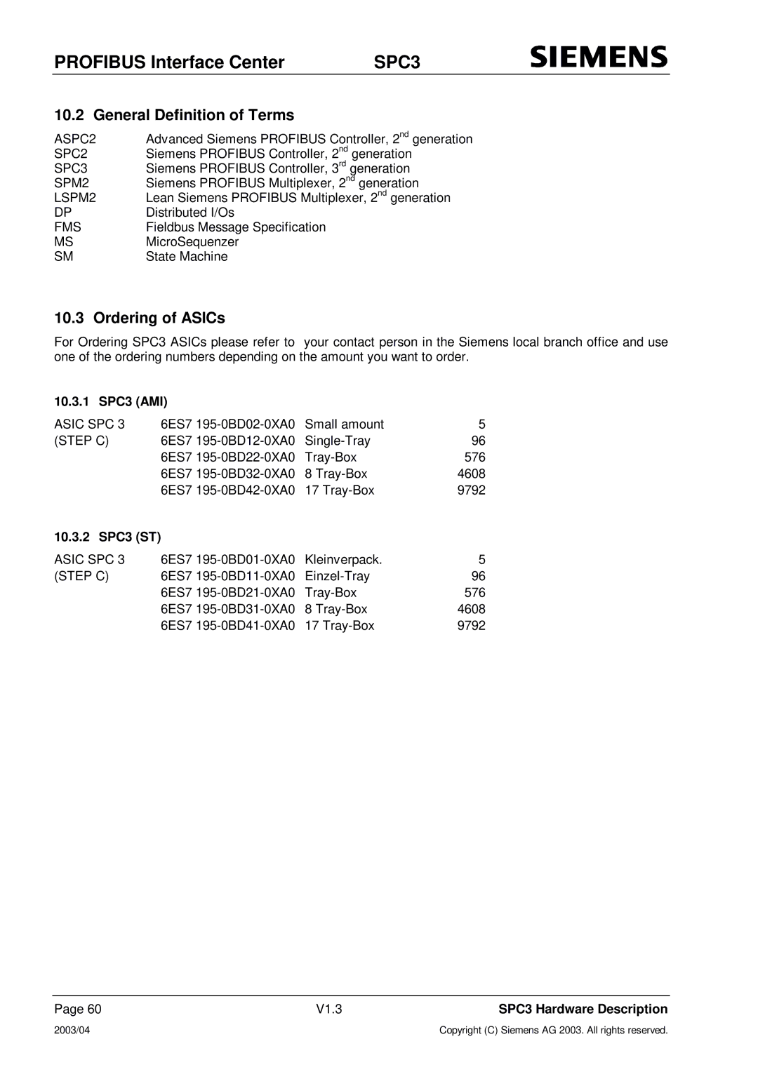 Siemens manual General Definition of Terms, Ordering of ASICs, 10.3.1 SPC3 AMI, 10.3.2 SPC3 ST 