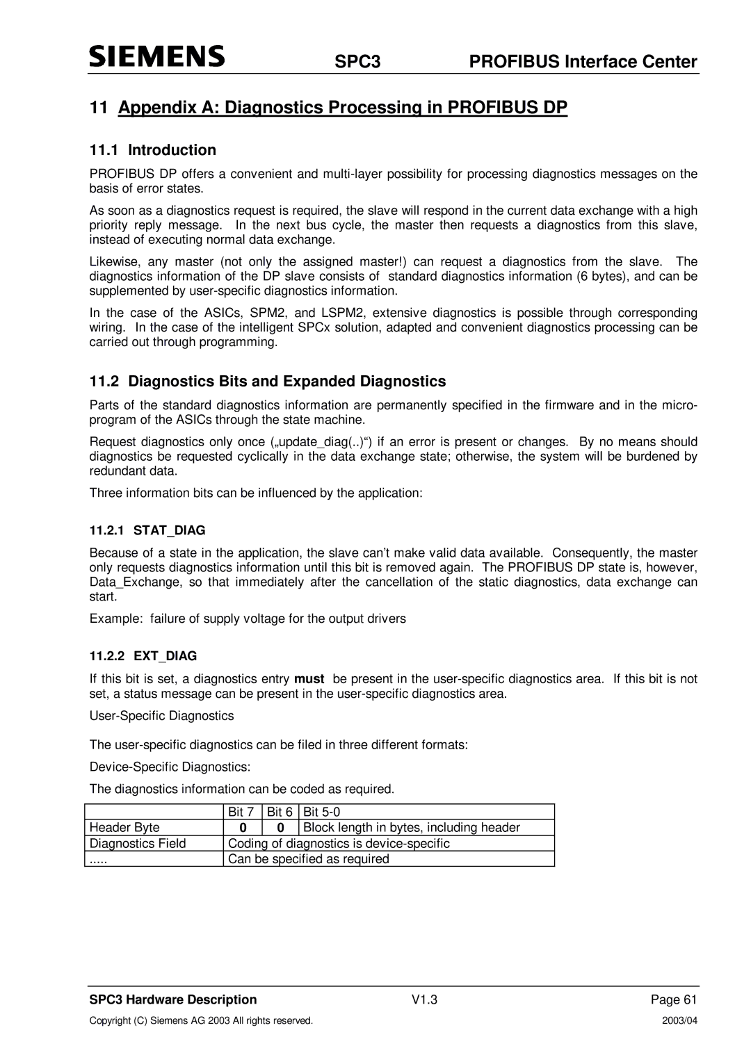 Siemens SPC3 Appendix a Diagnostics Processing in Profibus DP, Introduction, Diagnostics Bits and Expanded Diagnostics 