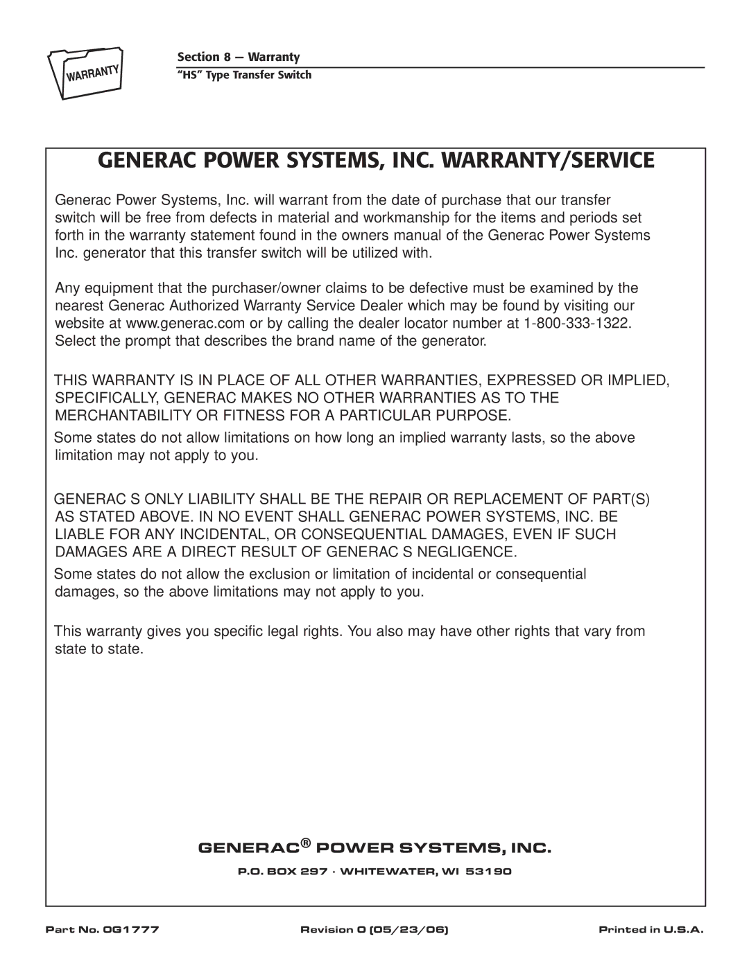 Siemens SR200R, SR100R owner manual Generac Power SYSTEMS, INC. WARRANTY/SERVICE 