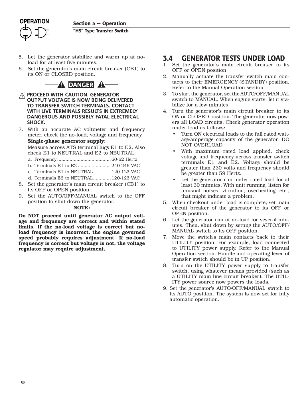 Siemens SR200R, SR100R owner manual Generator Tests Under Load 