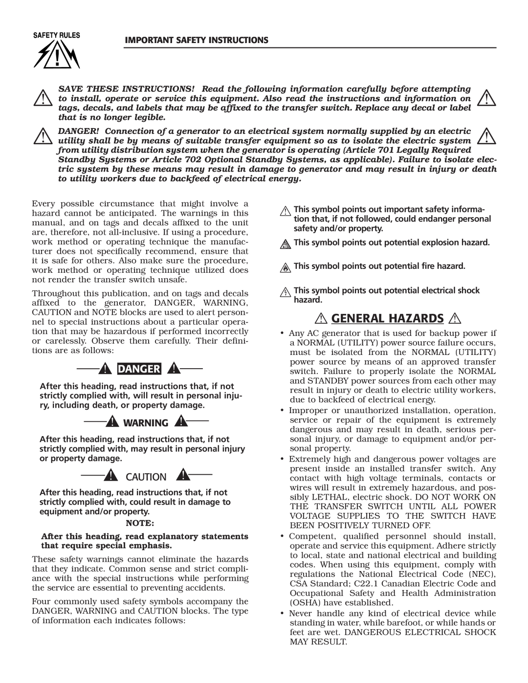 Siemens SR200R, SR100R owner manual  General Hazards, Danger, Important Safety Instructions 