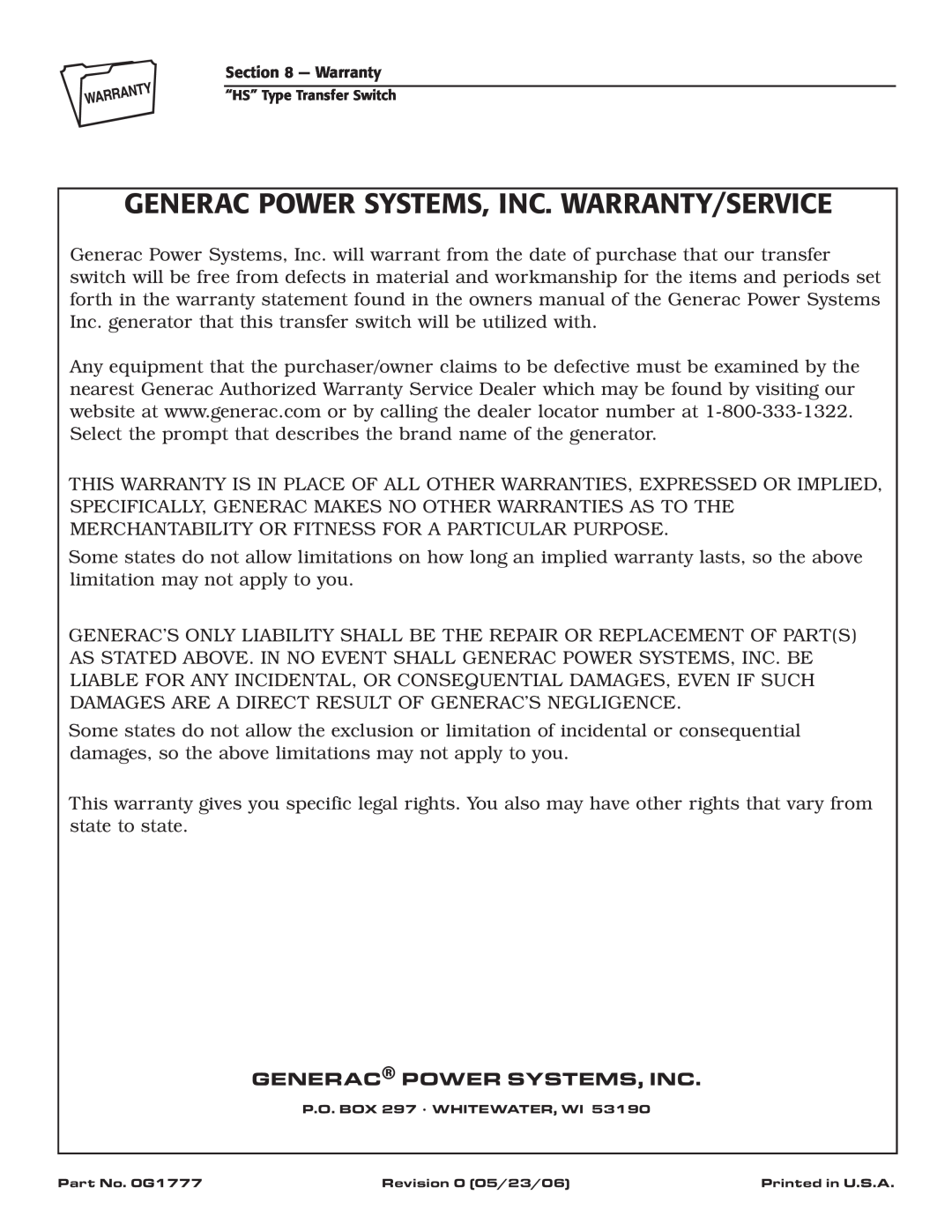Siemens SR200R, SR100R owner manual Generac Power Systems, Inc. Warranty/Service 