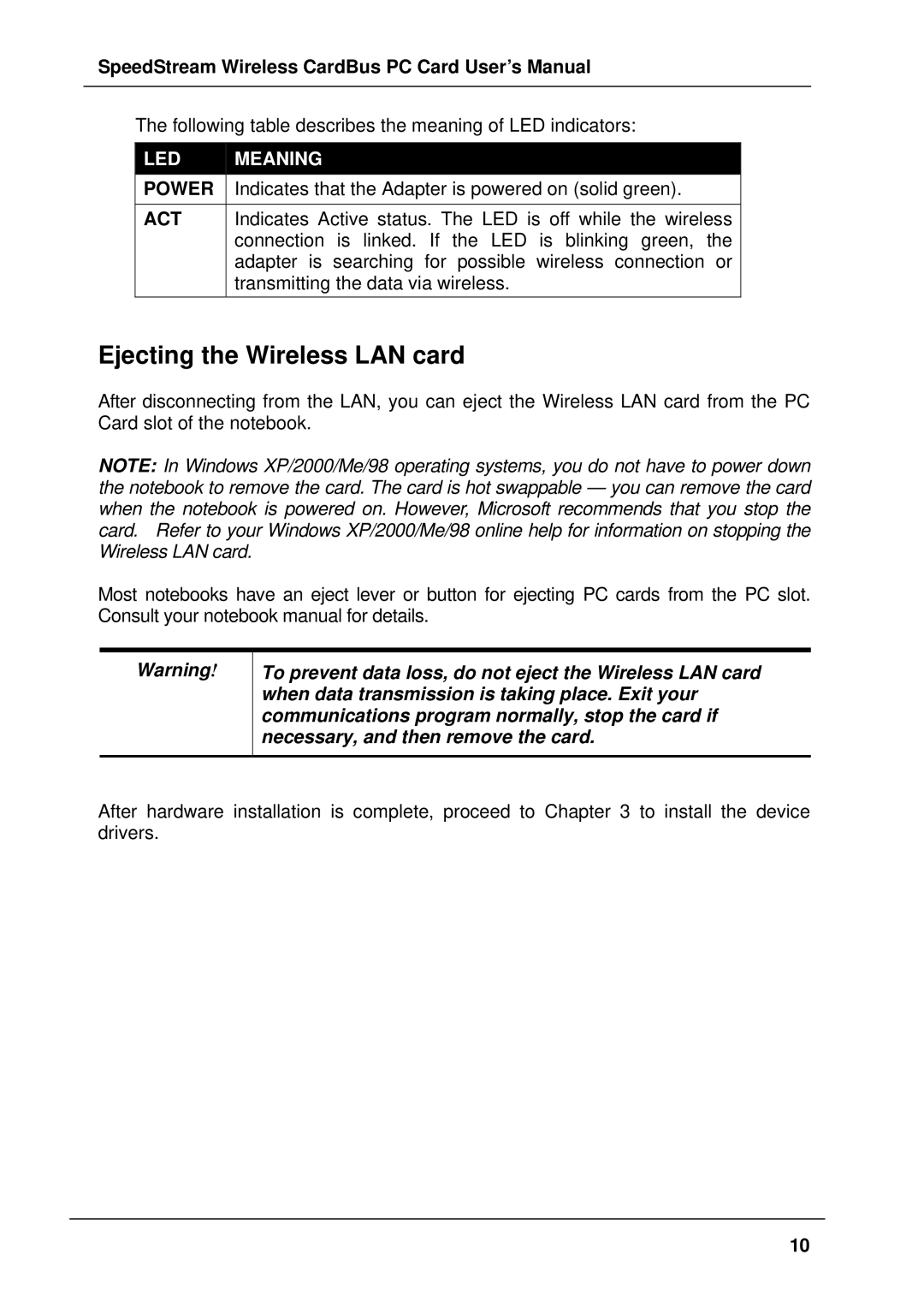 Siemens SS1021 user manual Ejecting the Wireless LAN card, LED Meaning 