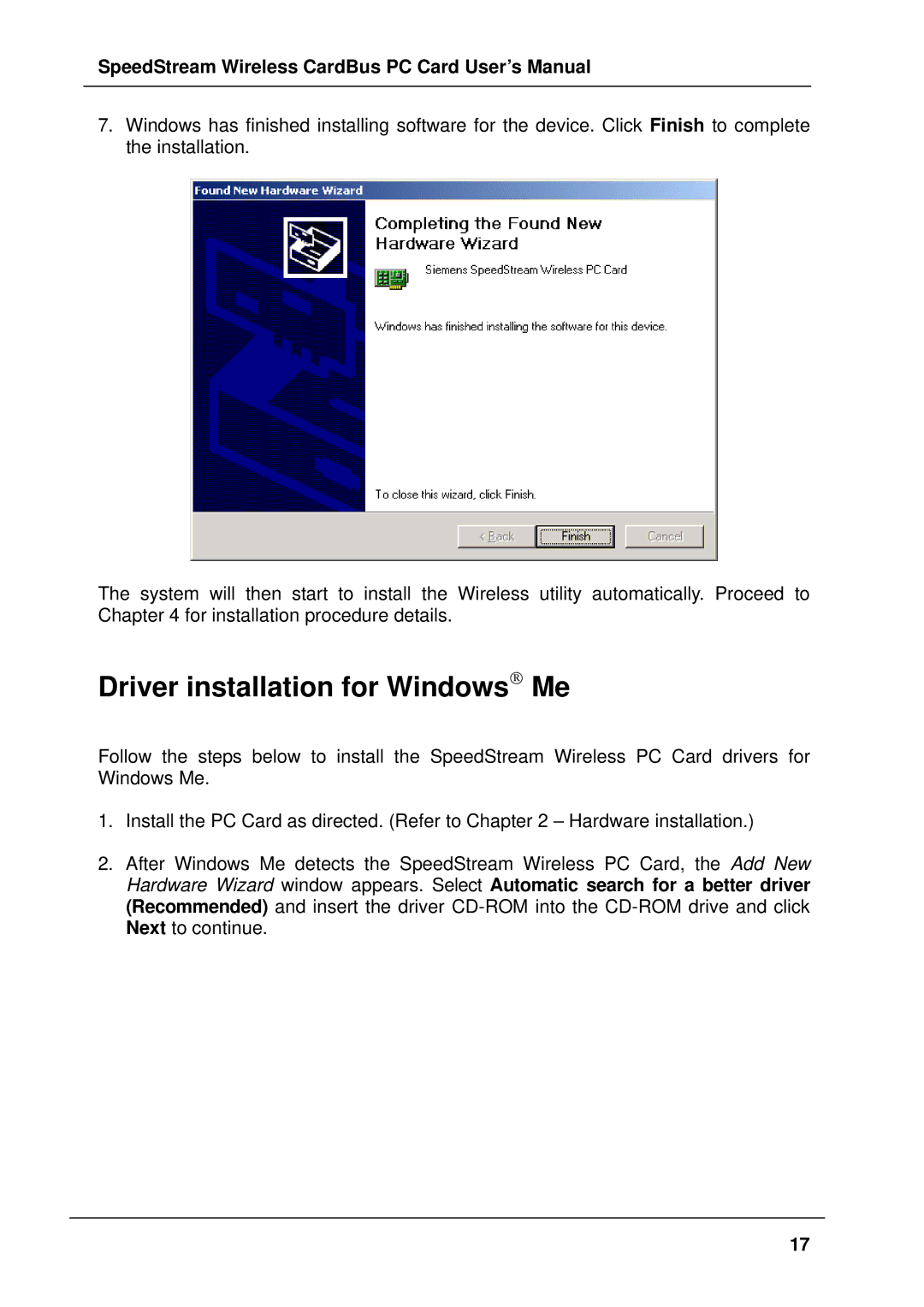 Siemens SS1021 user manual Driver installation for Windows Me 