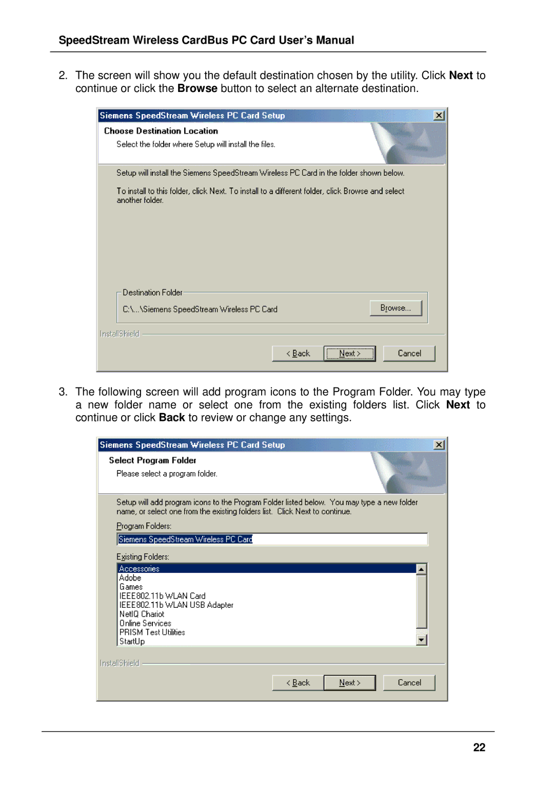 Siemens SS1021 user manual SpeedStream Wireless CardBus PC Card User’s Manual 