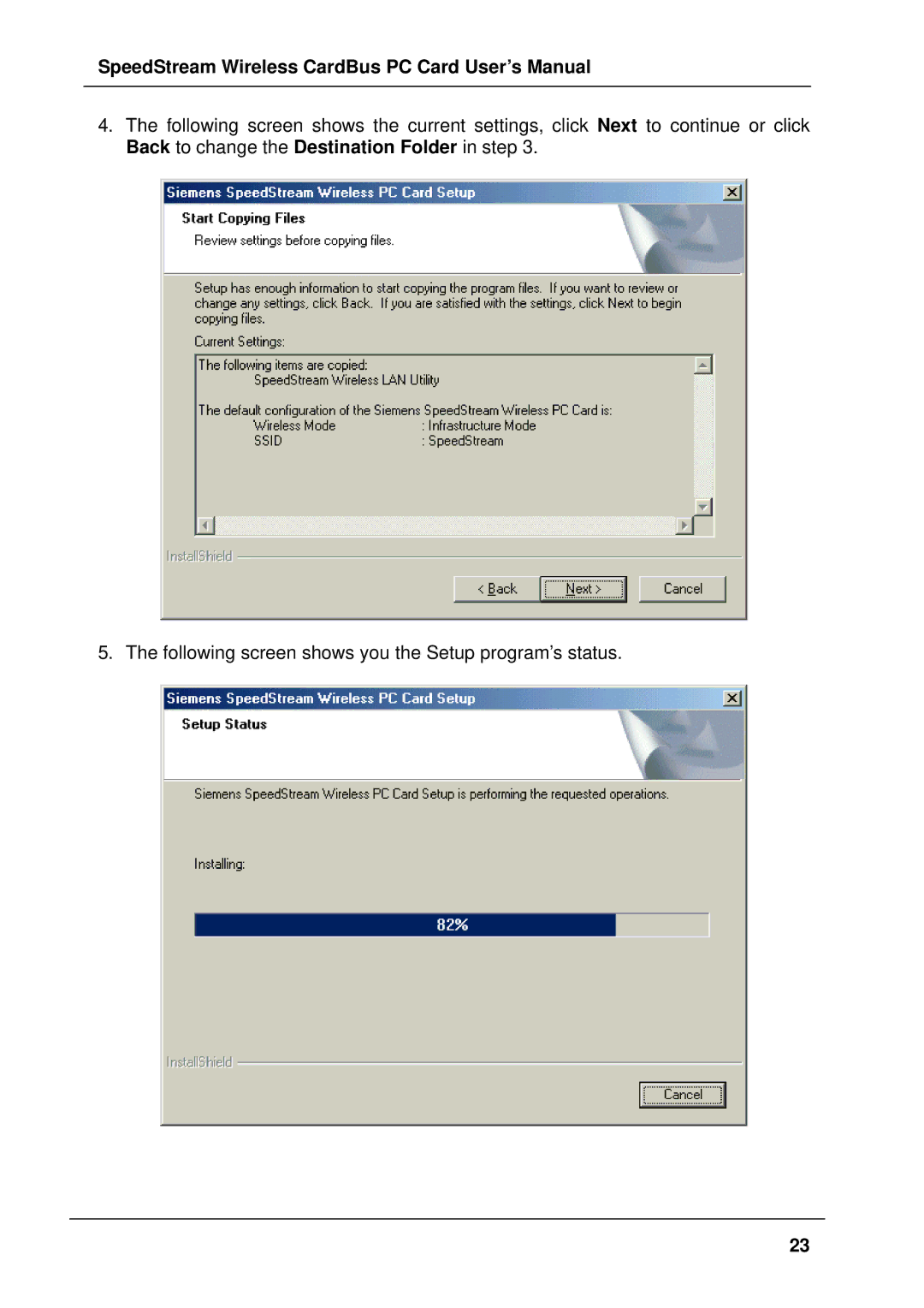 Siemens SS1021 user manual SpeedStream Wireless CardBus PC Card User’s Manual 