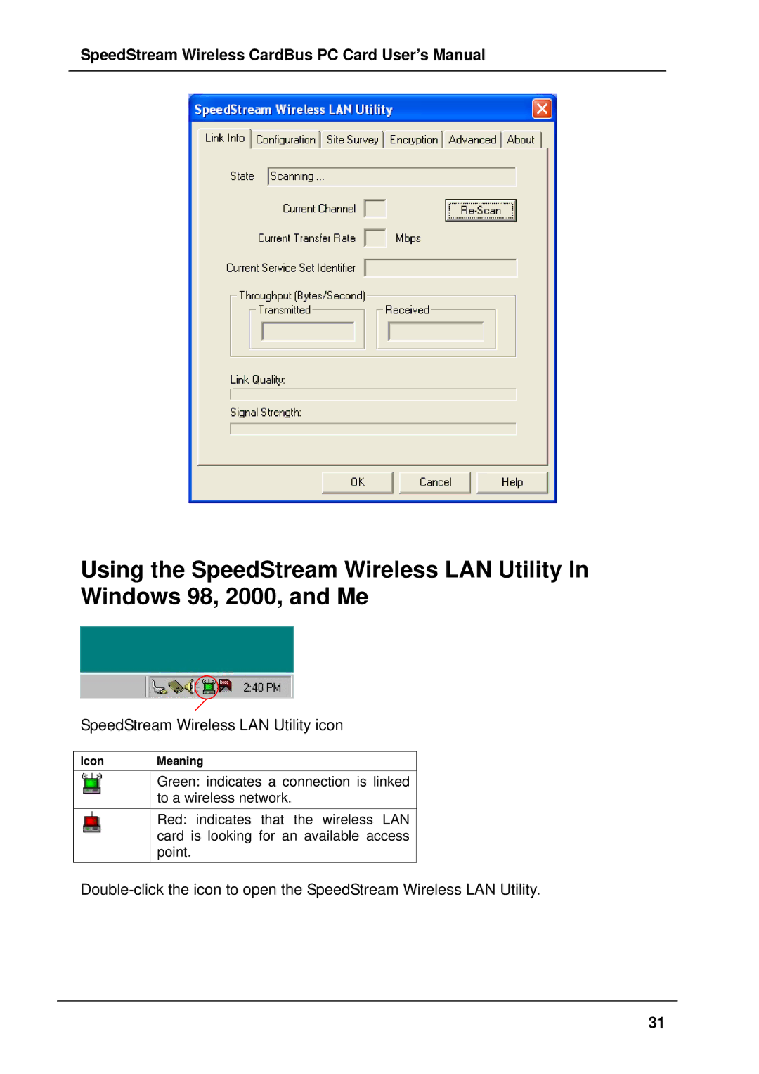 Siemens SS1021 user manual SpeedStream Wireless LAN Utility icon 