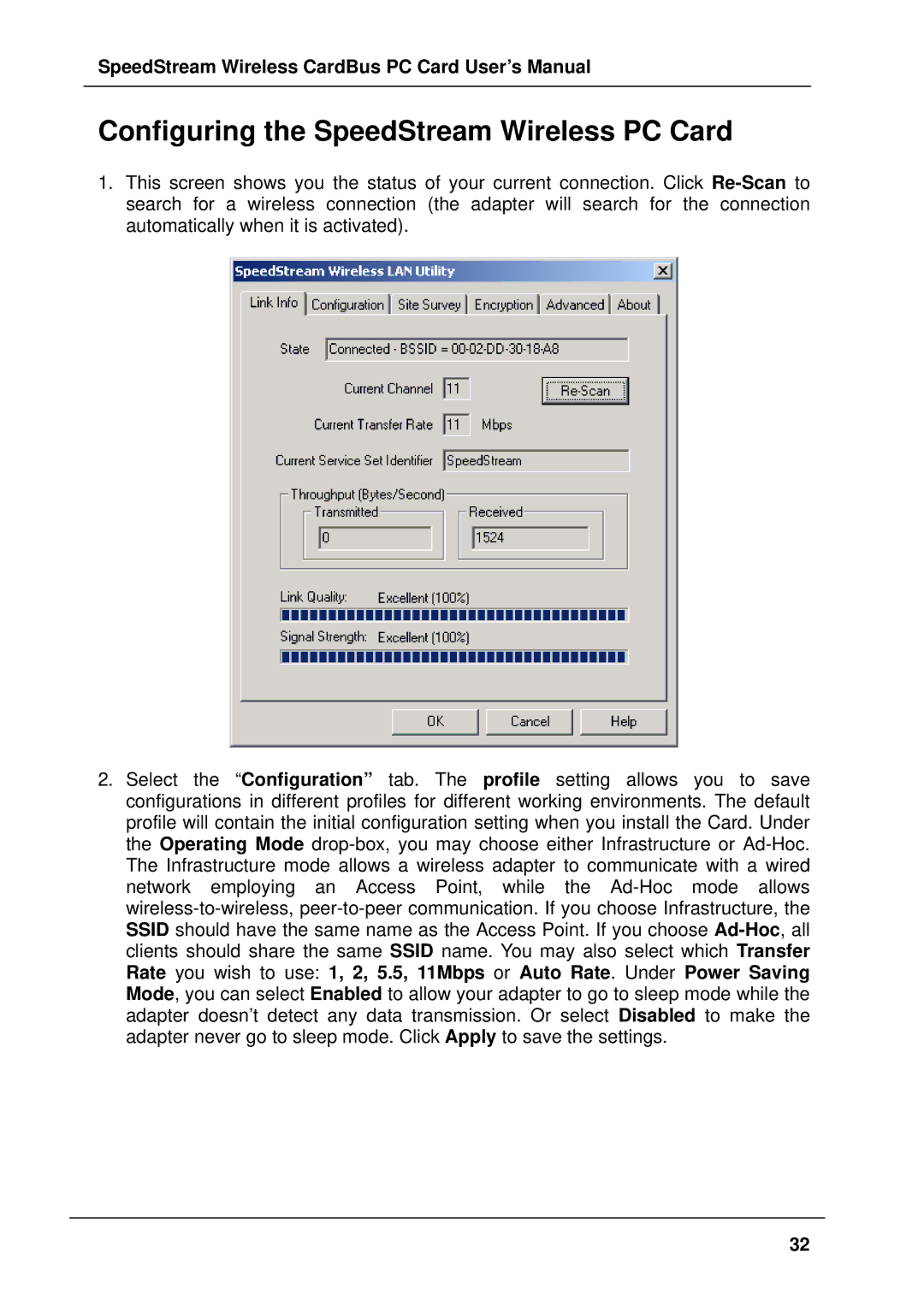 Siemens SS1021 user manual Configuring the SpeedStream Wireless PC Card 