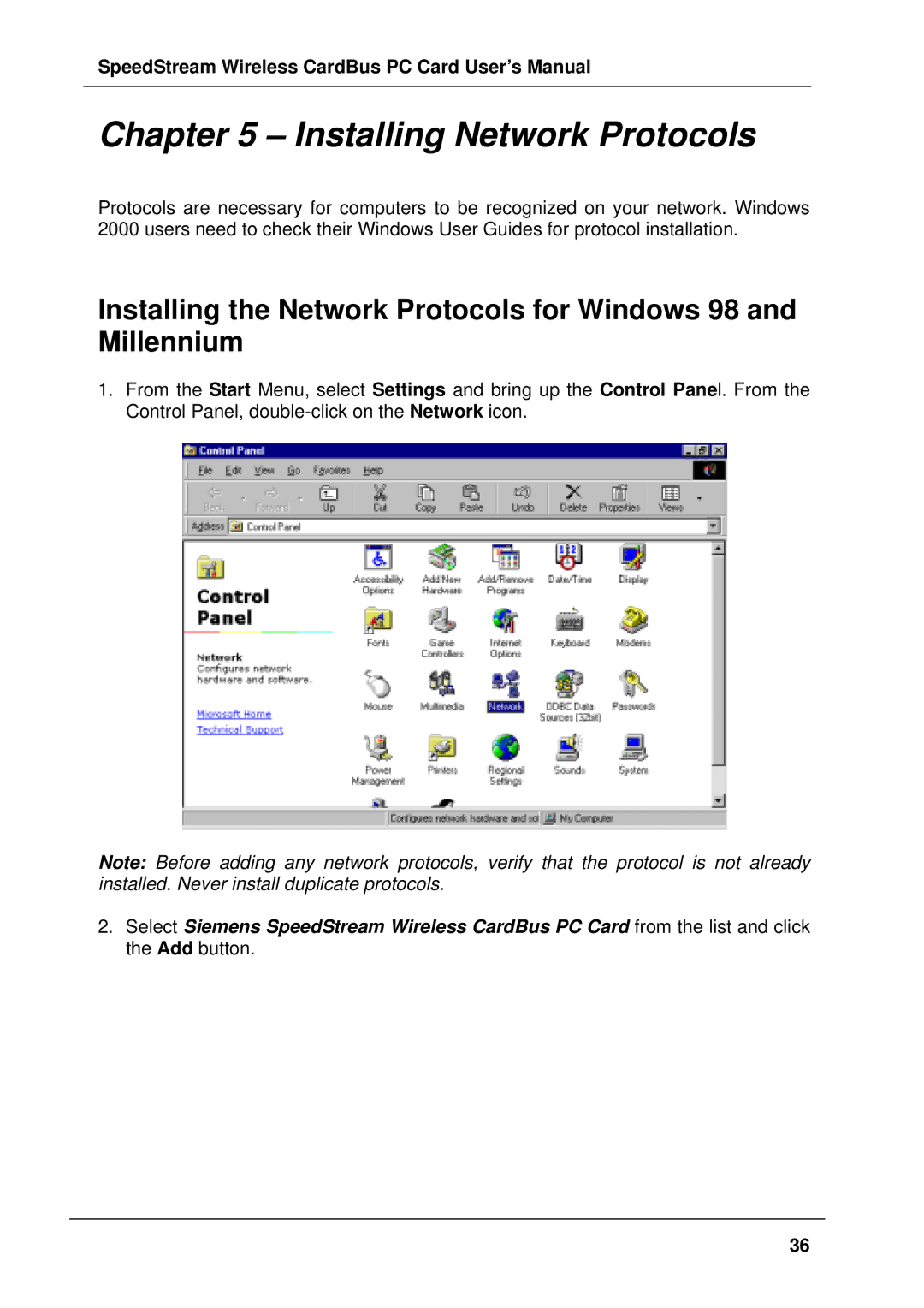 Siemens SS1021 user manual Installing Network Protocols 