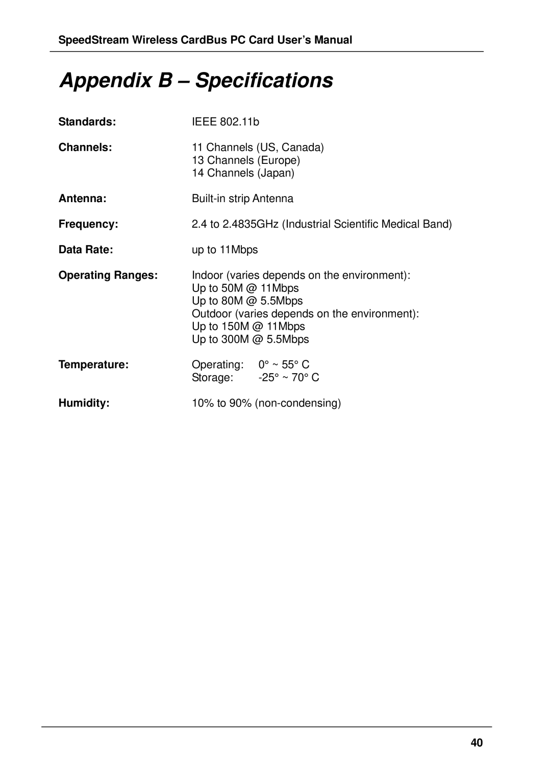 Siemens SS1021 user manual Appendix B Specifications, Operating Ranges 