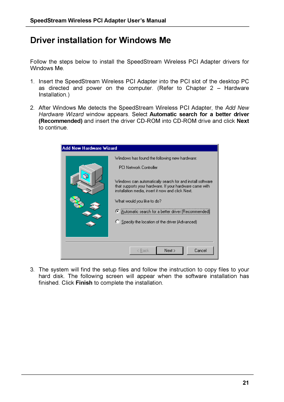 Siemens SS1024 user manual Driver installation for Windows Me 