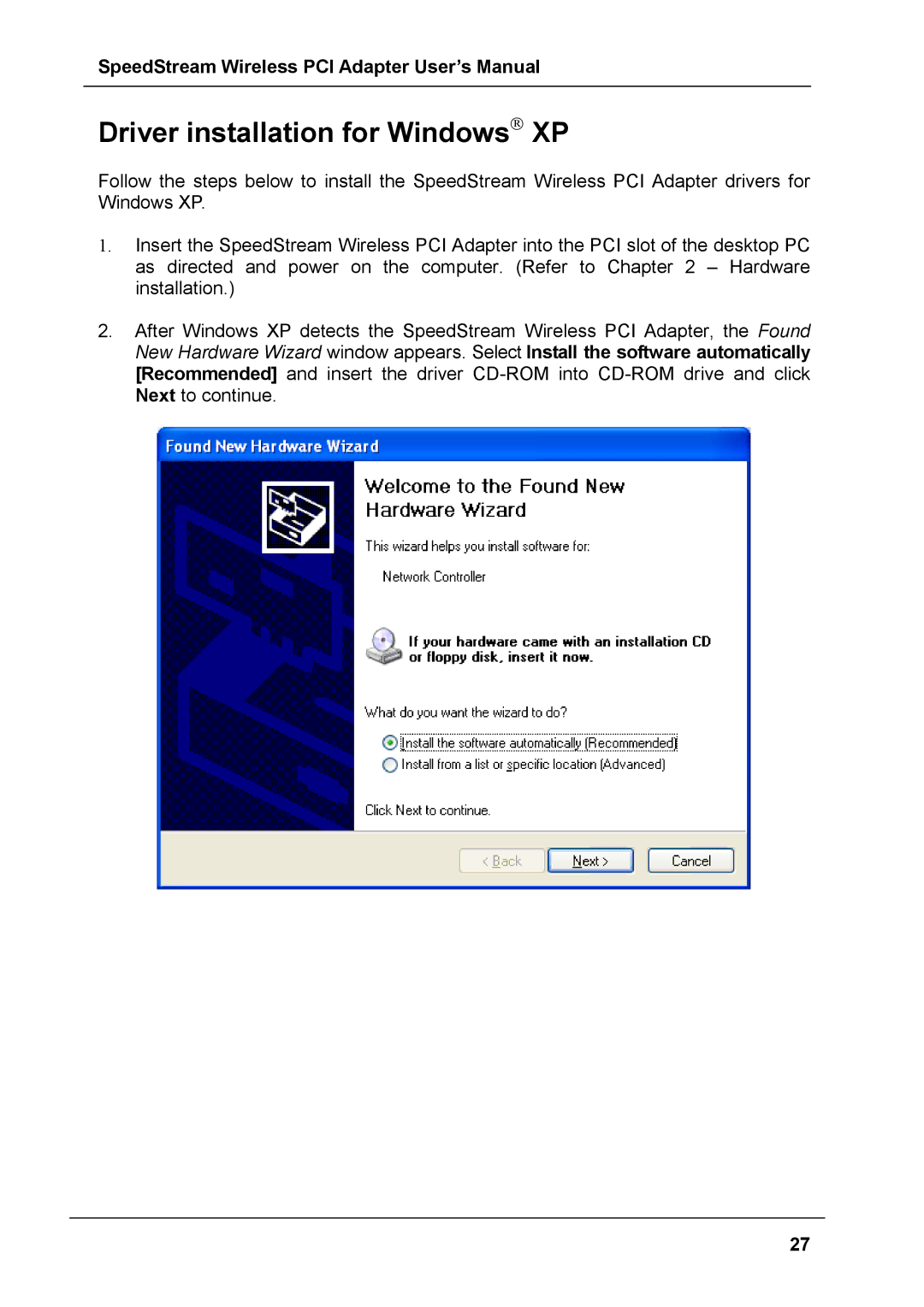 Siemens SS1024 user manual Driver installation for Windows XP 