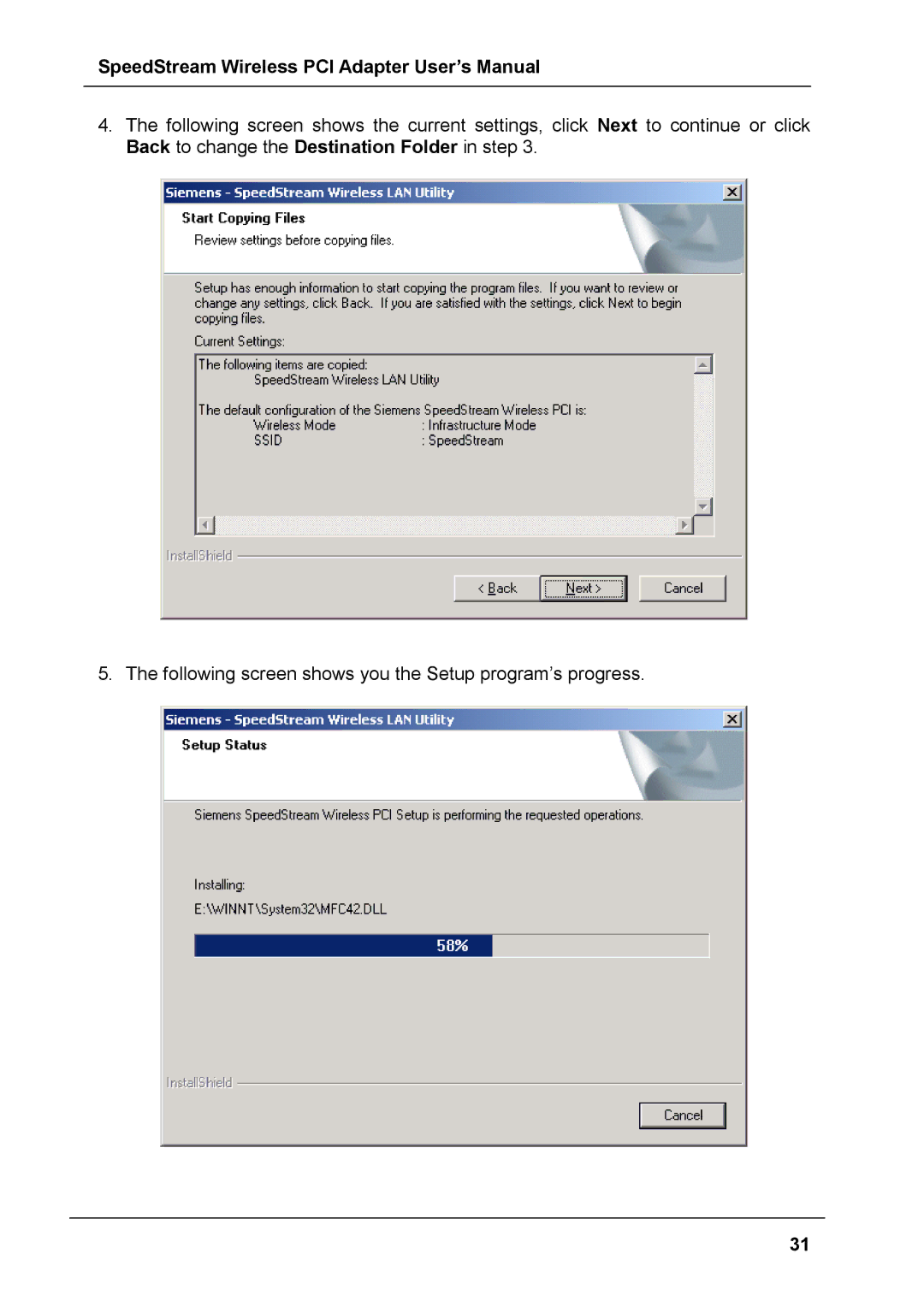 Siemens SS1024 user manual SpeedStream Wireless PCI Adapter User’s Manual 