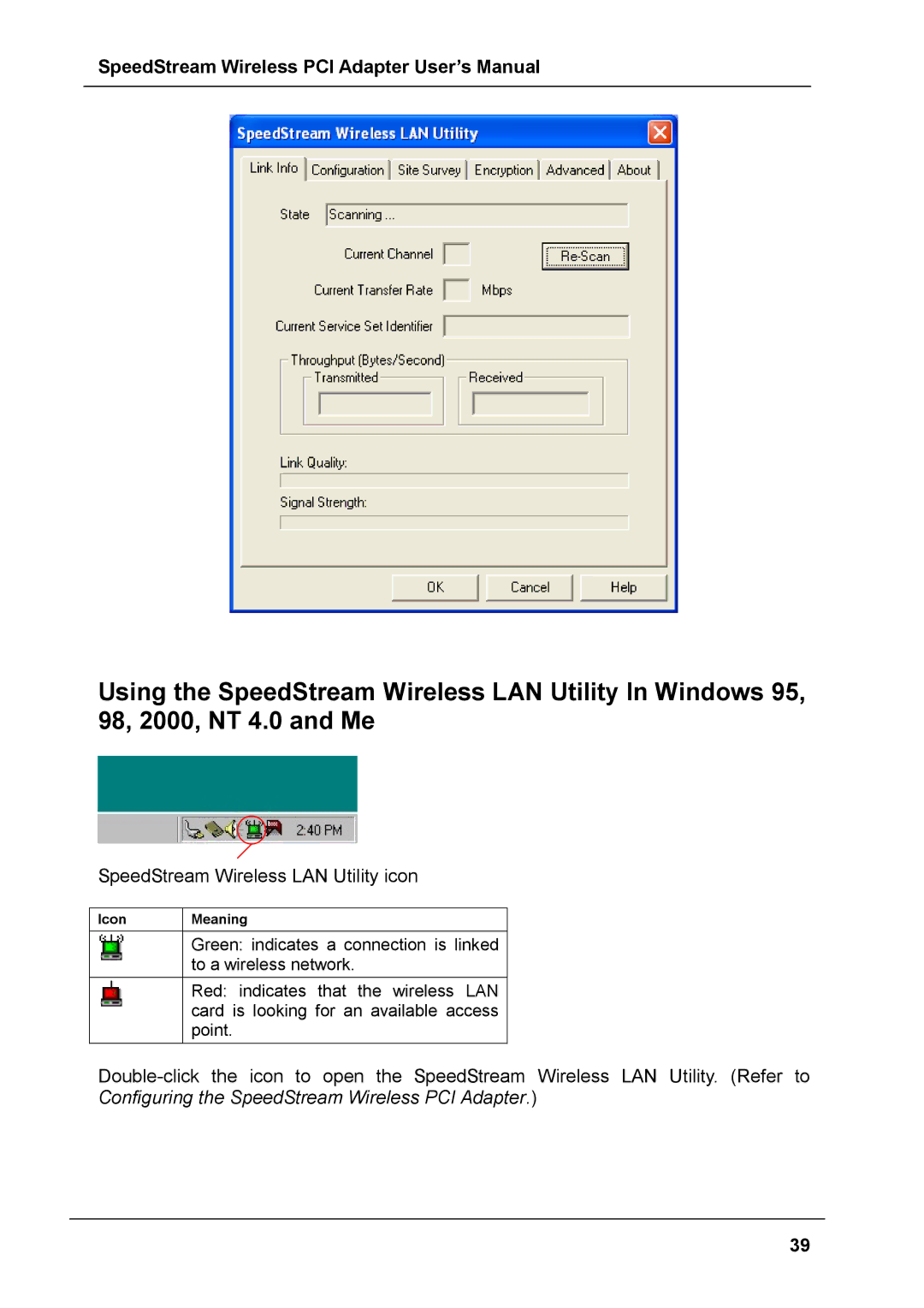 Siemens SS1024 user manual SpeedStream Wireless LAN Utility icon 