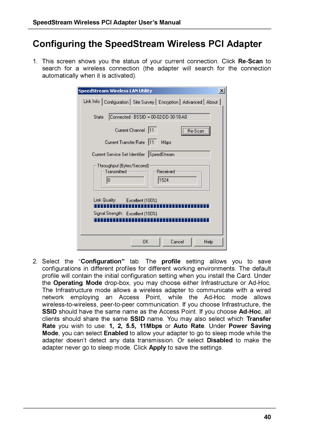 Siemens SS1024 user manual Configuring the SpeedStream Wireless PCI Adapter 