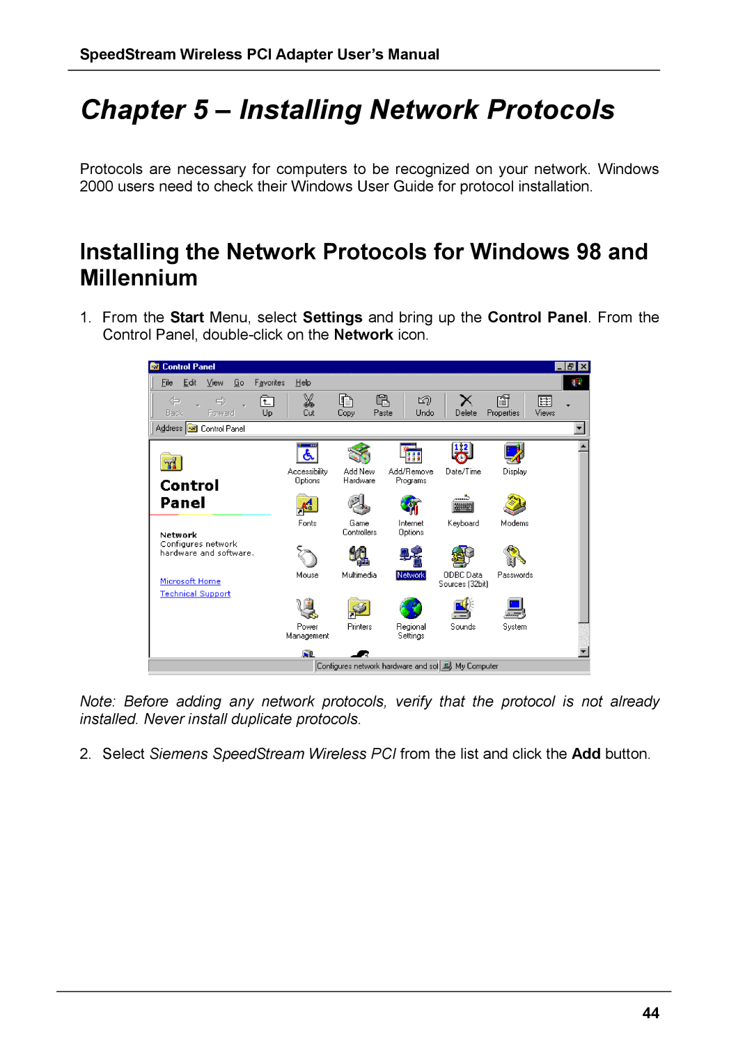 Siemens SS1024 user manual Installing Network Protocols 