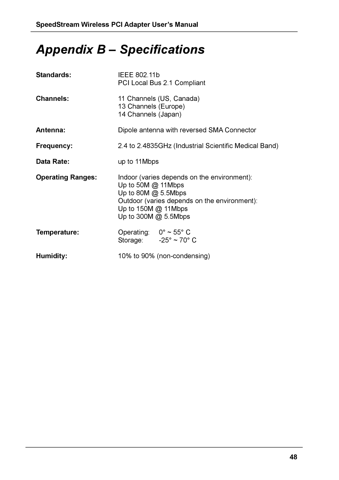 Siemens SS1024 user manual Appendix B Specifications, Operating Ranges 