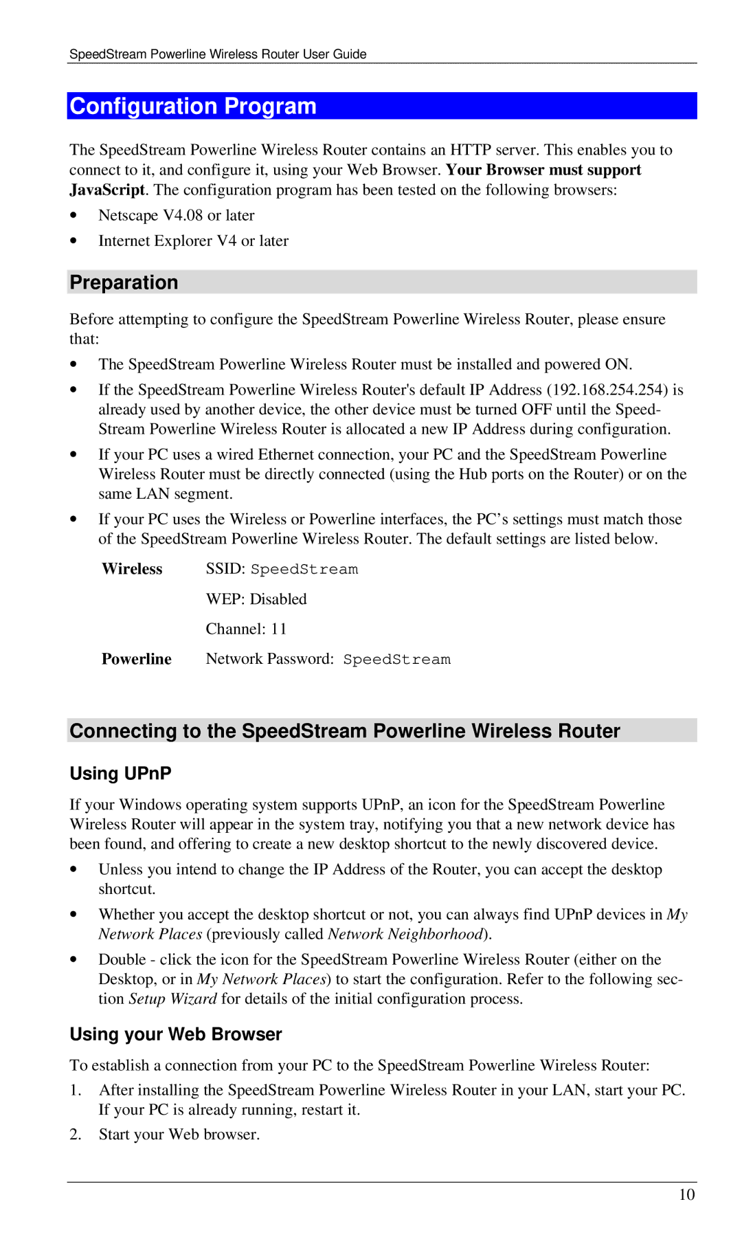 Siemens SS2524 Configuration Program, Preparation, Connecting to the SpeedStream Powerline Wireless Router, Using UPnP 