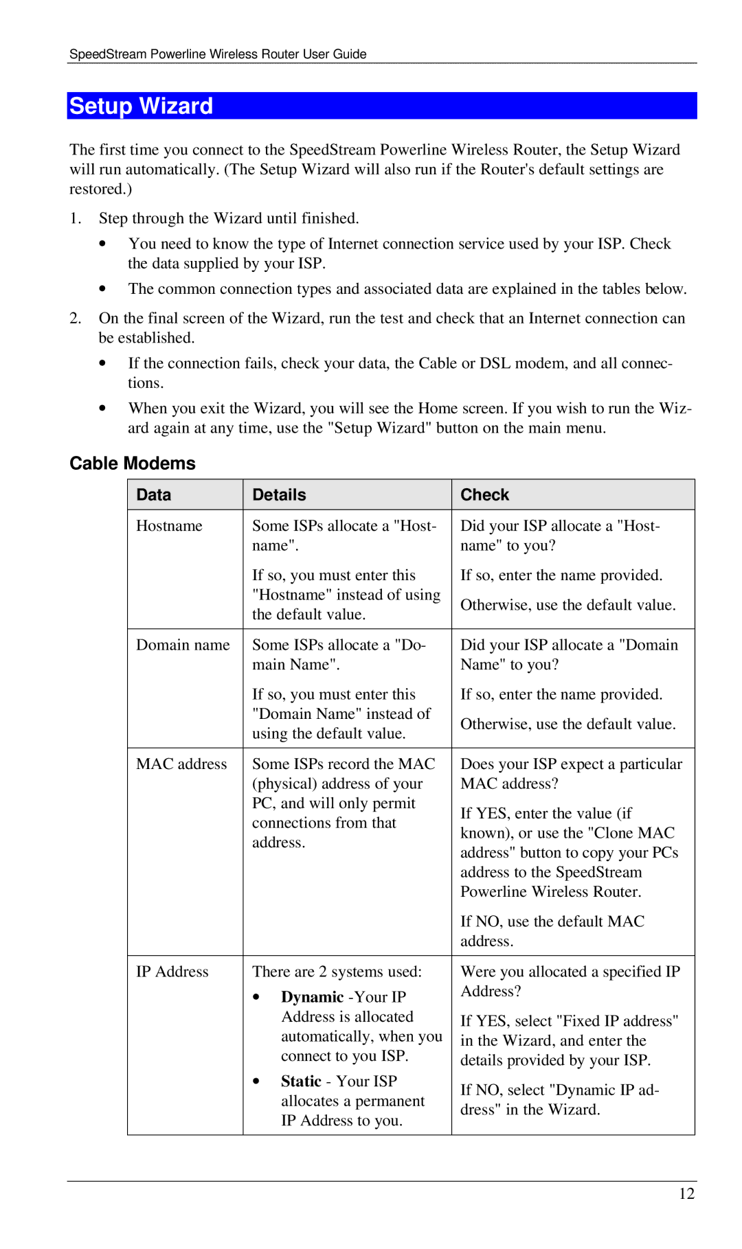 Siemens SS2524 manual Setup Wizard, Cable Modems, Data Details Check 