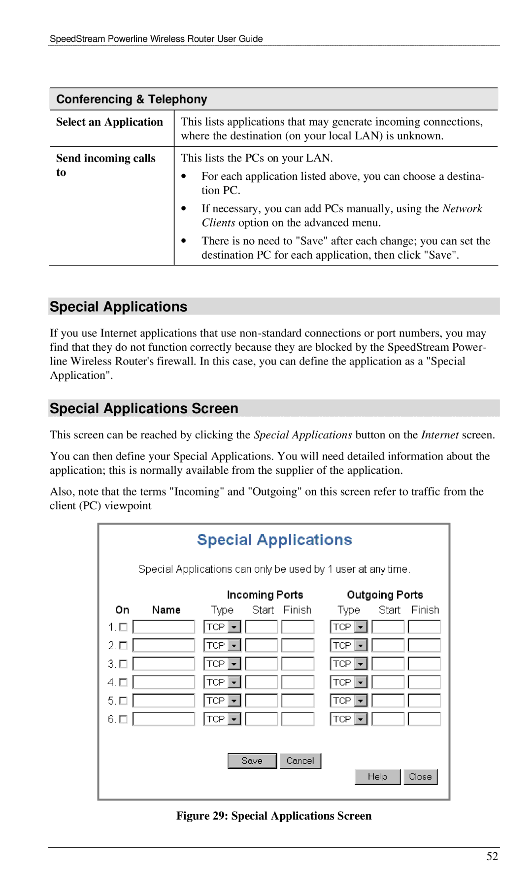 Siemens SS2524 manual Special Applications Screen, Conferencing & Telephony, Select an Application, Send incoming calls 