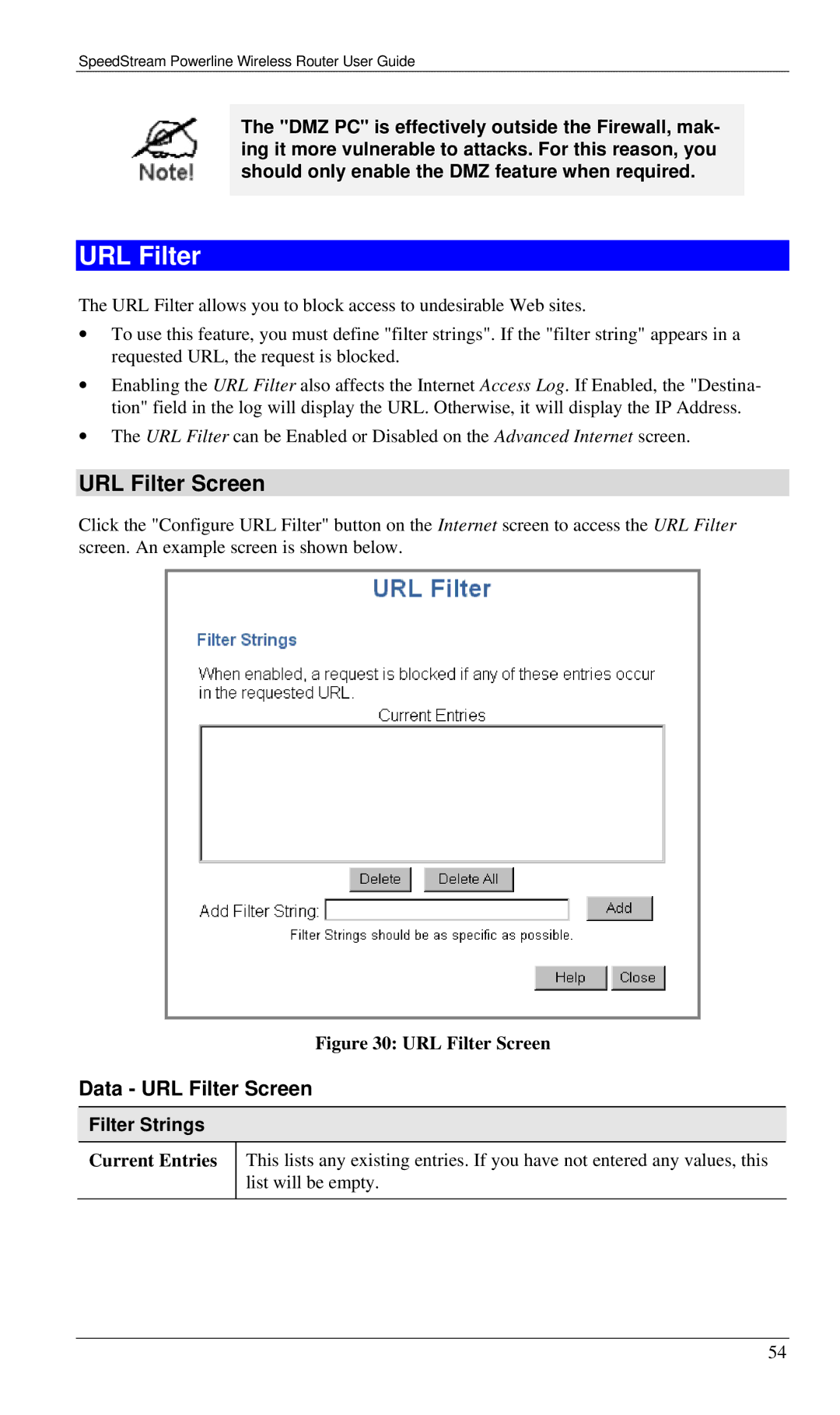 Siemens SS2524 manual Data URL Filter Screen, Filter Strings, Current Entries 