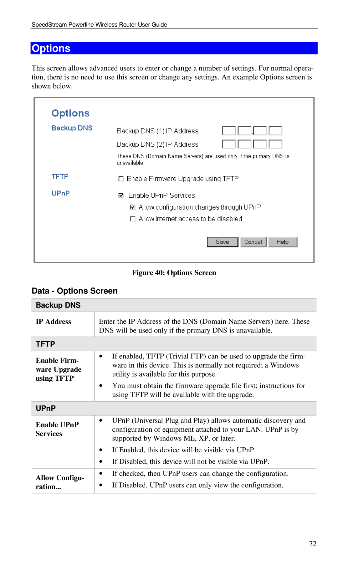 Siemens SS2524 manual Data Options Screen, Backup DNS, UPnP 