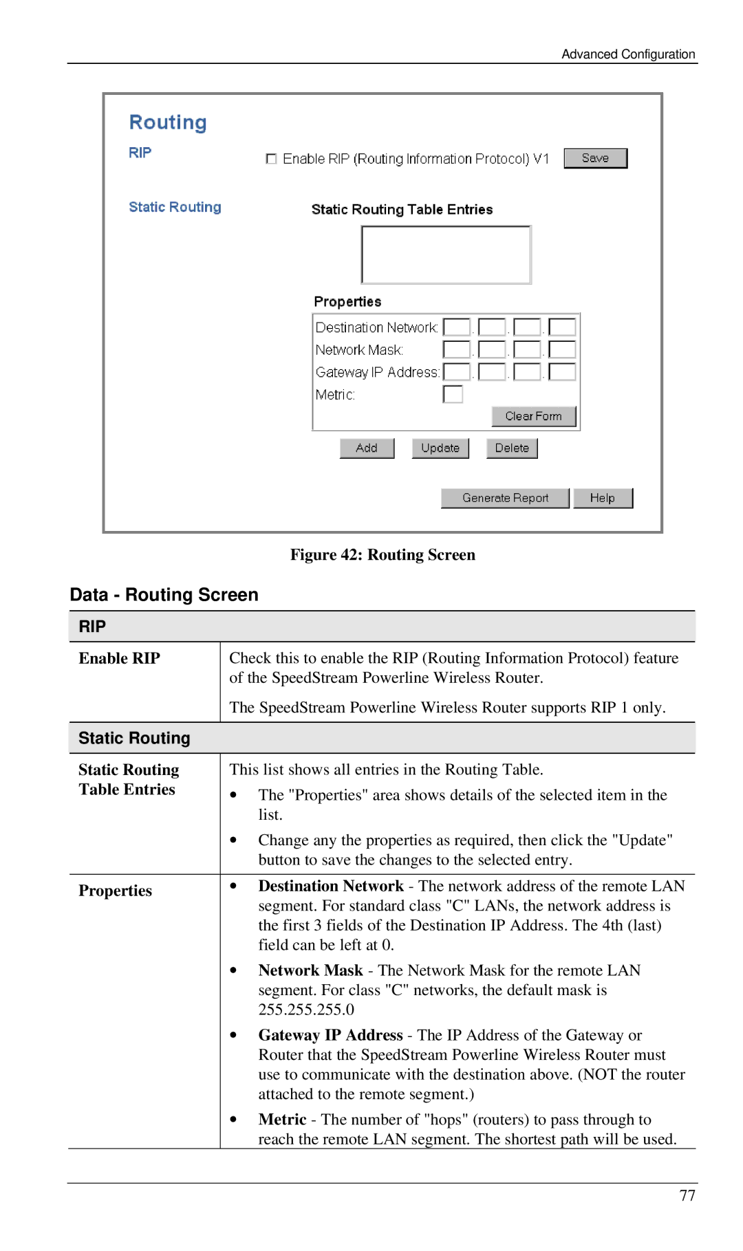 Siemens SS2524 manual Data Routing Screen, Static Routing 