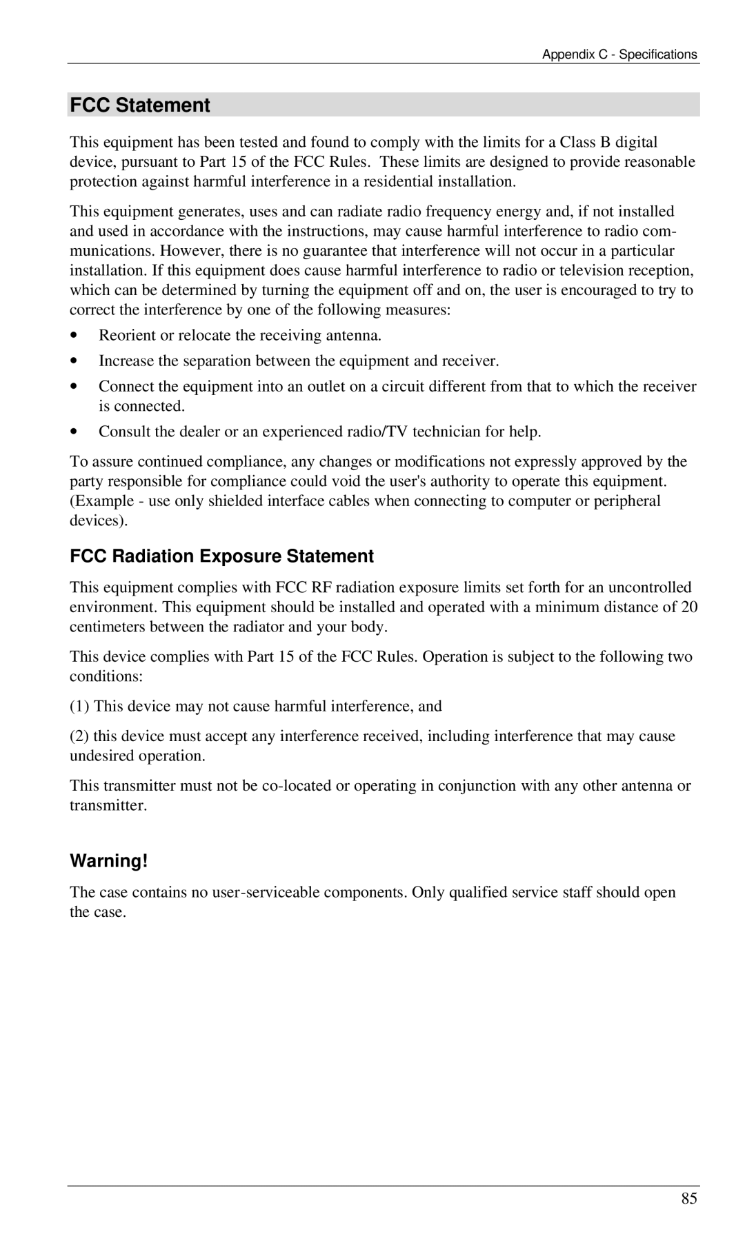 Siemens SS2524 manual FCC Statement, FCC Radiation Exposure Statement 