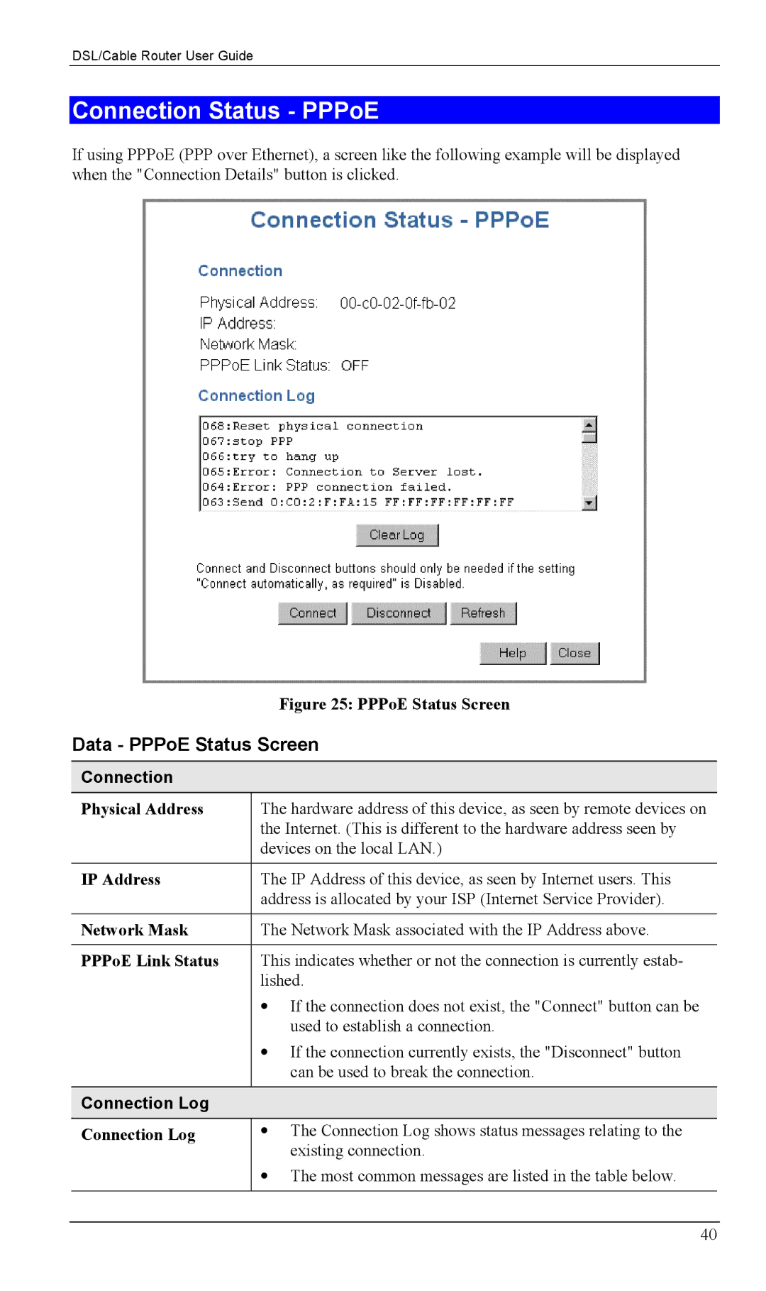 Siemens SS2604 manual Connection Status PPPoE, Data PPPoE Status Screen, Connection Log 