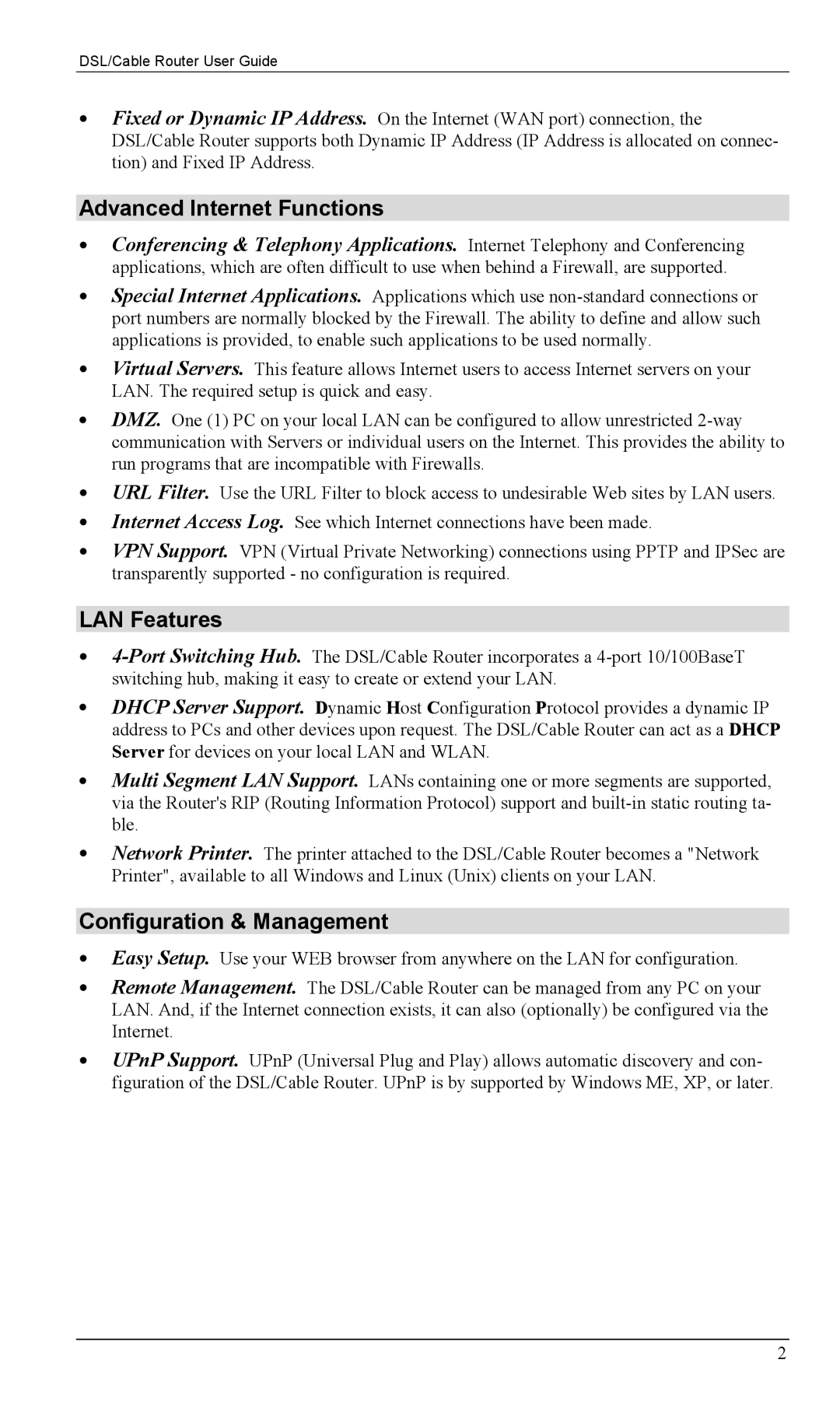 Siemens SS2604 manual Advanced Internet Functions, LAN Features, Configuration & Management 