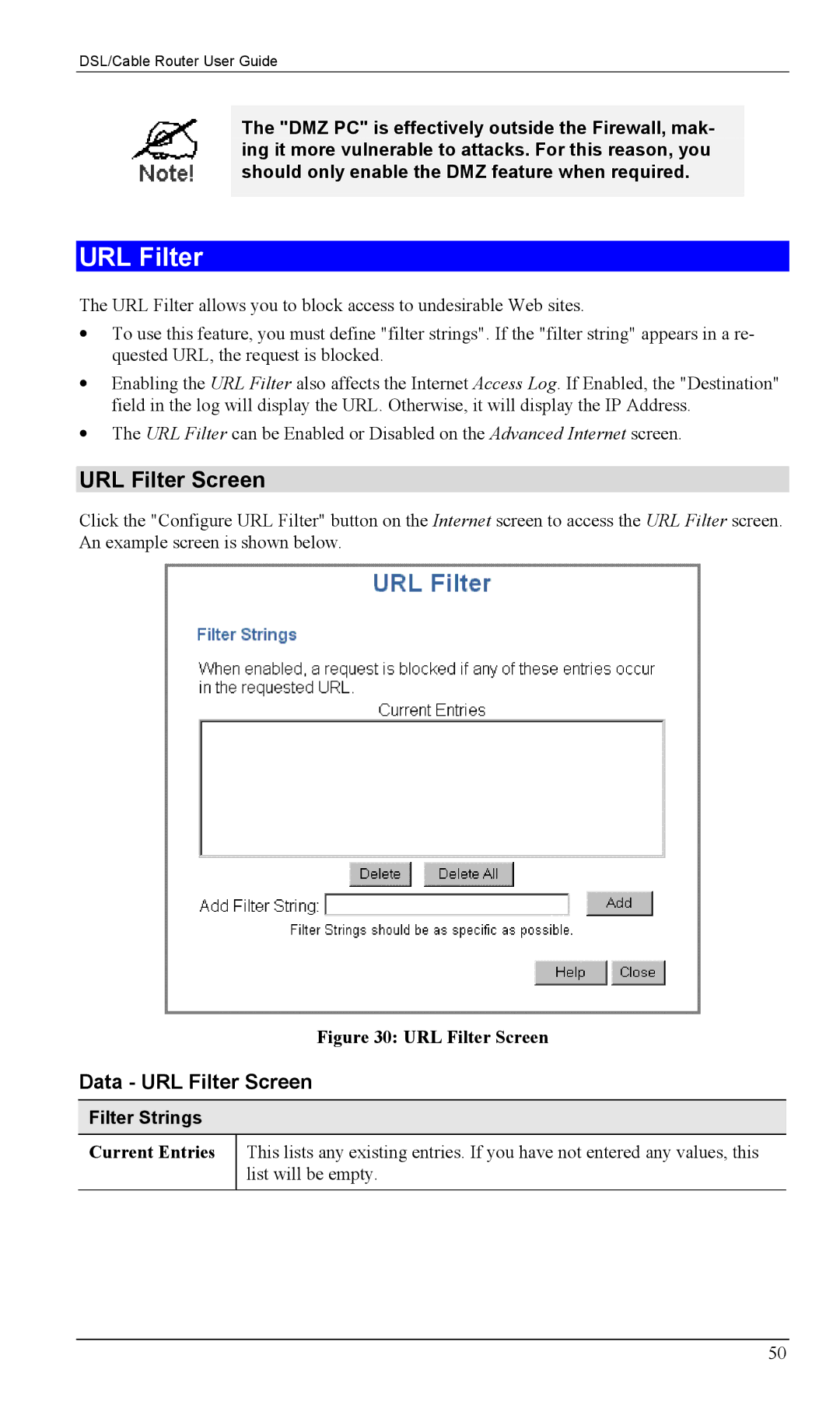 Siemens SS2604 manual Data URL Filter Screen, Filter Strings, Current Entries 