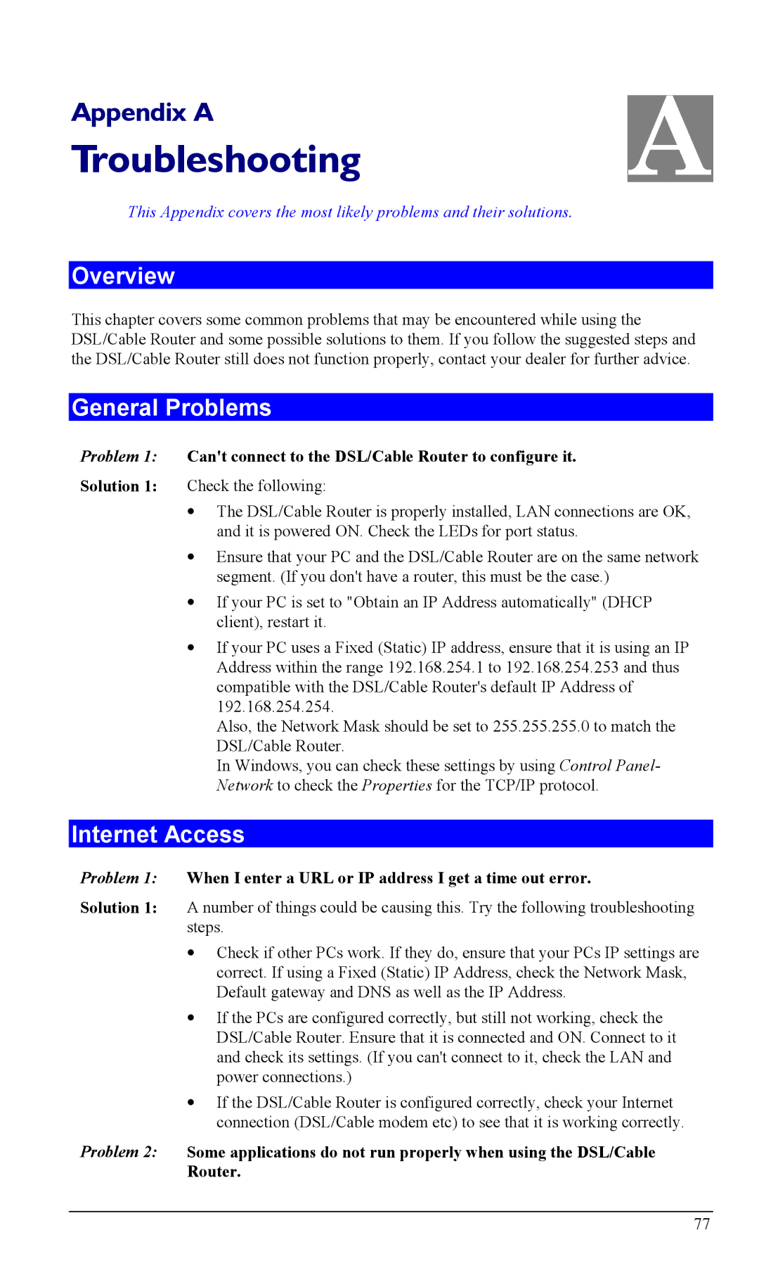 Siemens SS2604 manual Troubleshooting, General Problems, Internet Access 