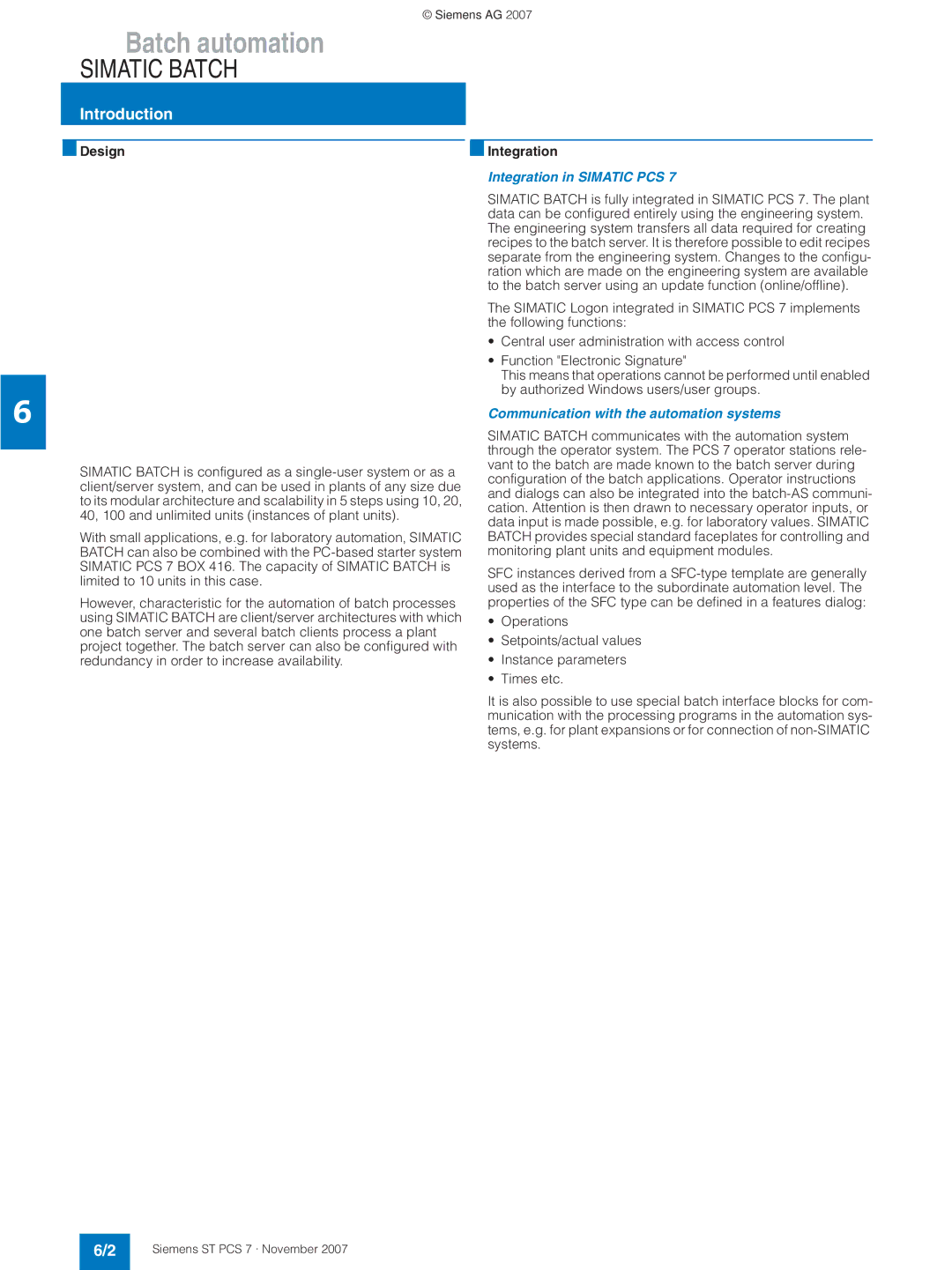 Siemens ST PCS 7 manual Design Integration, Integration in Simatic PCS, Communication with the automation systems 