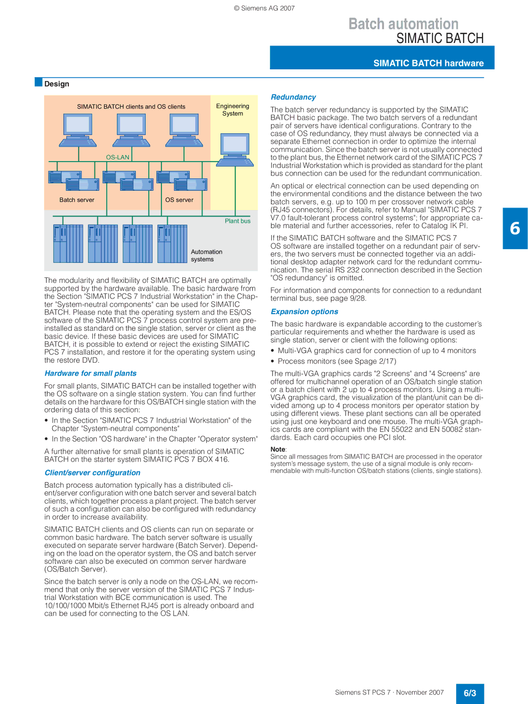 Siemens ST PCS 7 manual Simatic Batch hardware, Hardware for small plants, Client/server configuration, Redundancy 