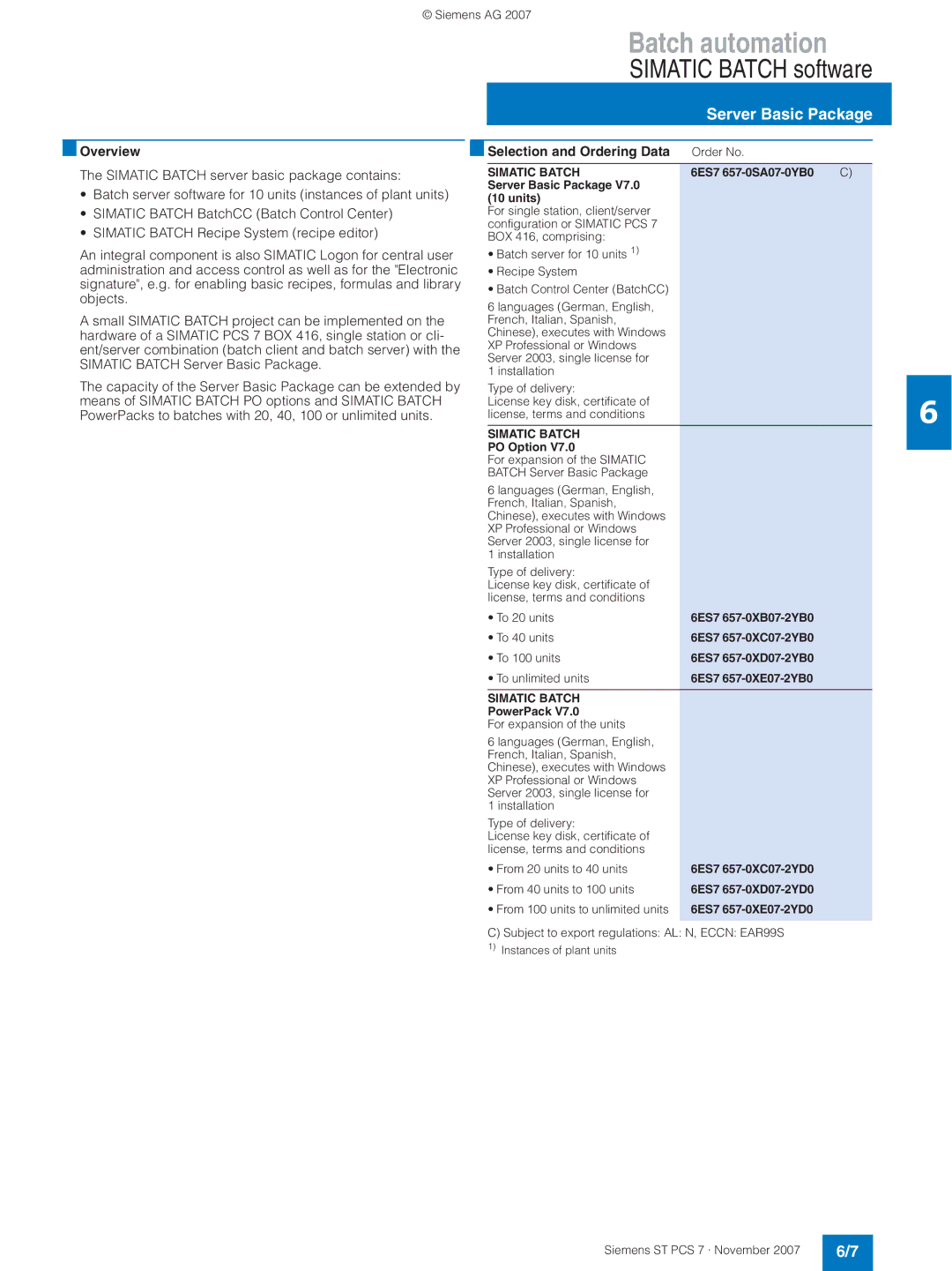 Siemens ST PCS 7 manual Simatic Batch, Server Basic Package Units, PO Option 