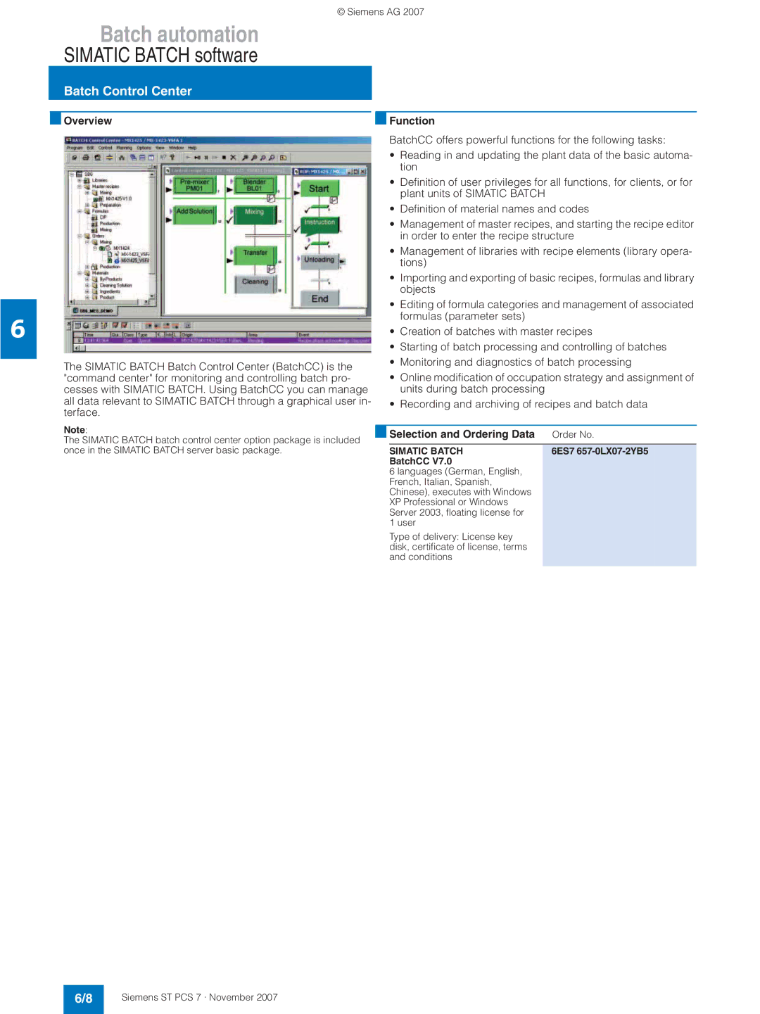 Siemens ST PCS 7 manual Batch Control Center, 6ES7 657-0LX07-2YB5, BatchCC 