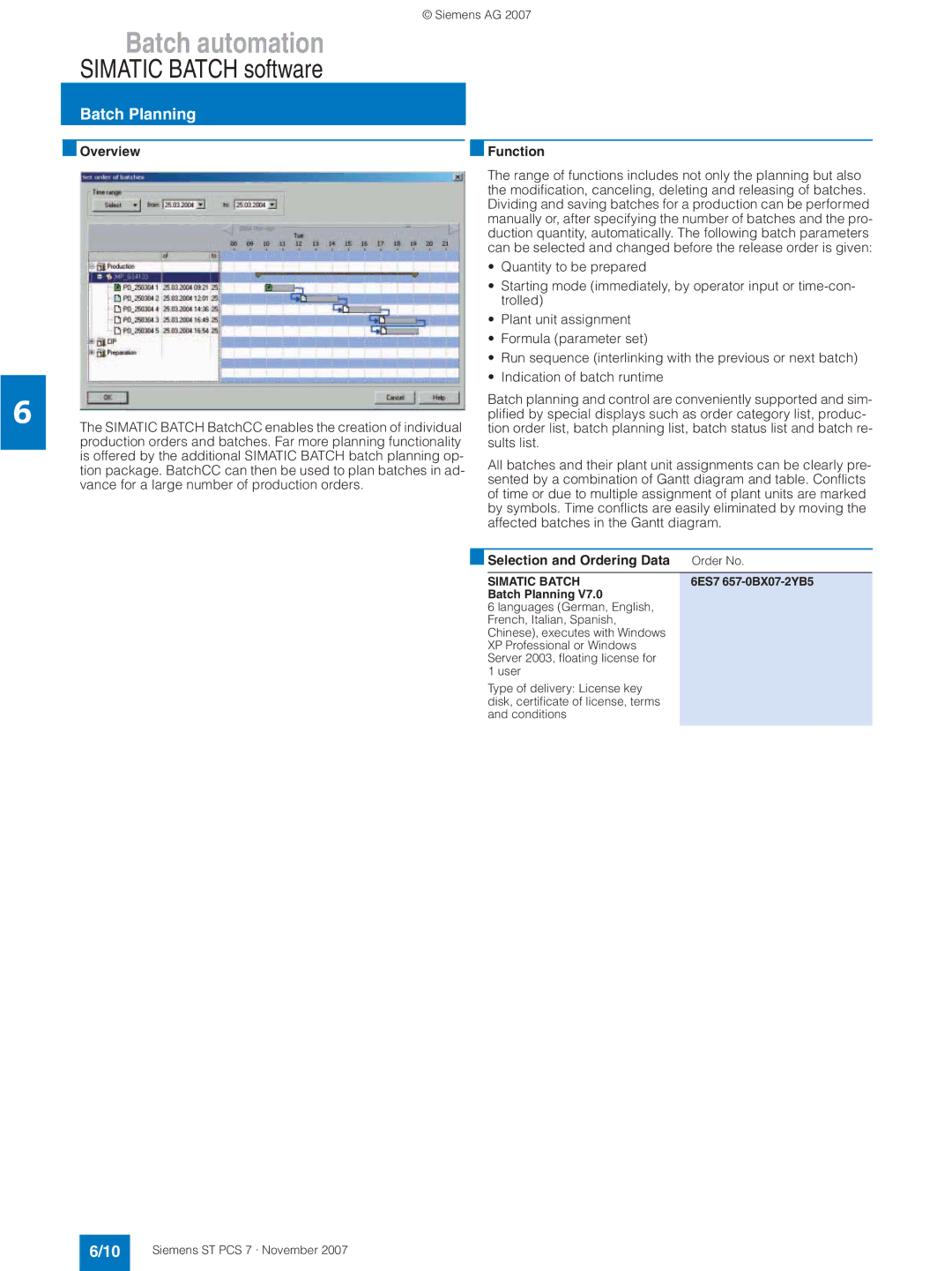 Siemens ST PCS 7 manual Batch Planning, 6ES7 657-0BX07-2YB5 