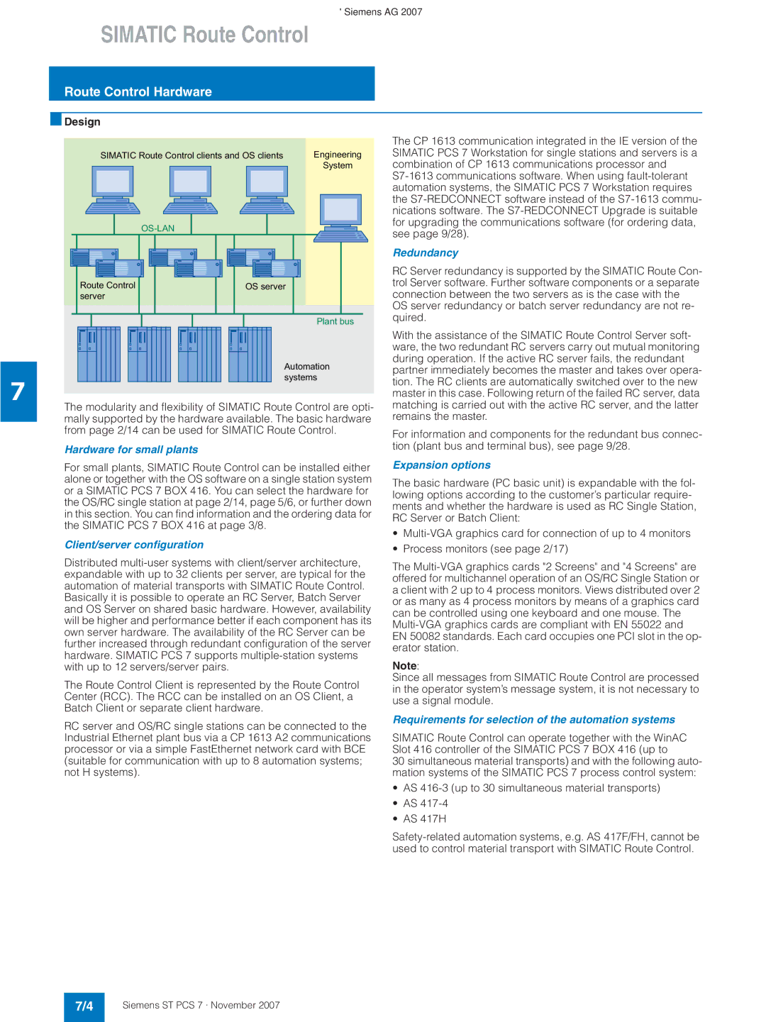 Siemens ST PCS 7 manual Route Control Hardware, Requirements for selection of the automation systems 