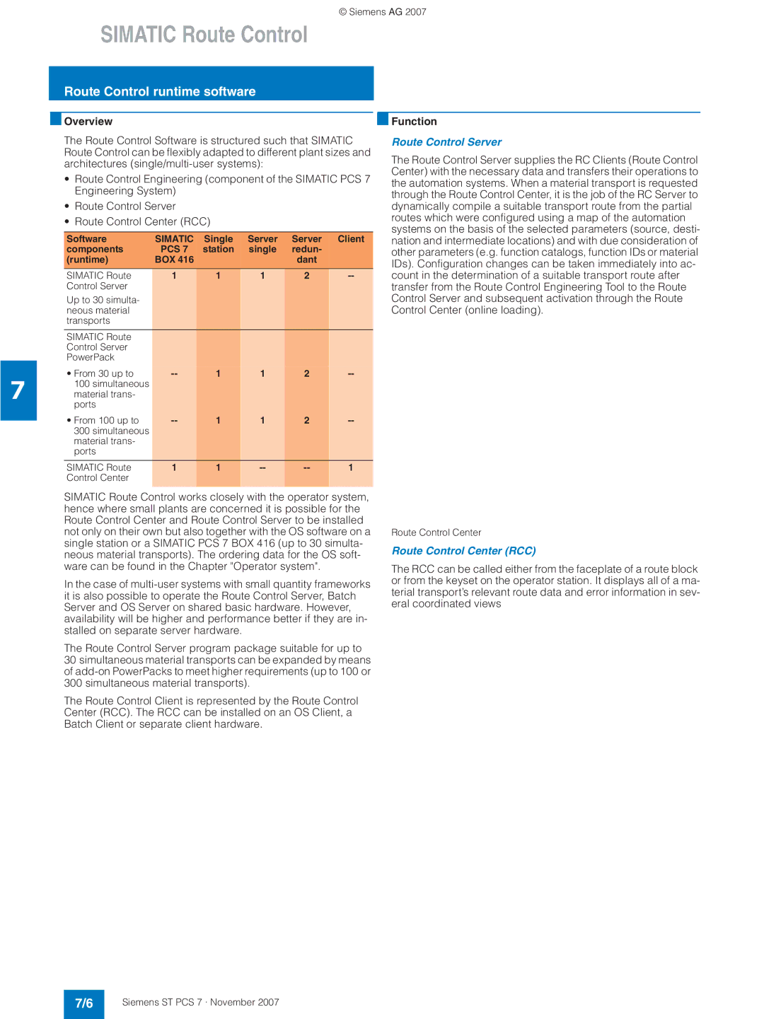 Siemens ST PCS 7 manual Route Control runtime software, Route Control Server, Route Control Center RCC 