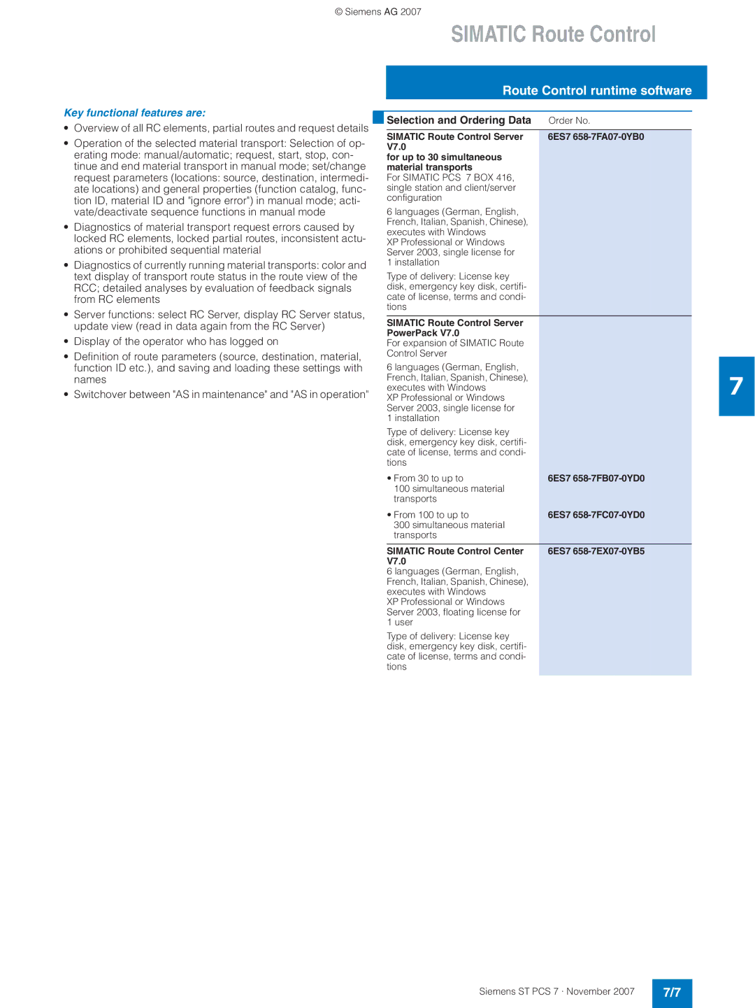 Siemens ST PCS 7 manual Key functional features are, Simatic Route Control Server PowerPack, 6ES7 658-7FB07-0YD0 