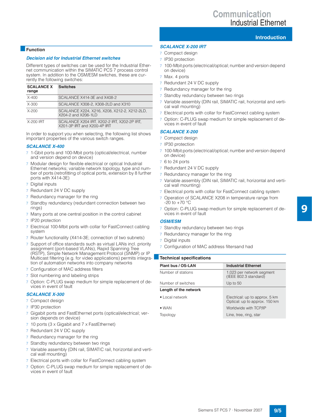 Siemens ST PCS 7 manual Decision aid for Industrial Ethernet switches, Scalance 