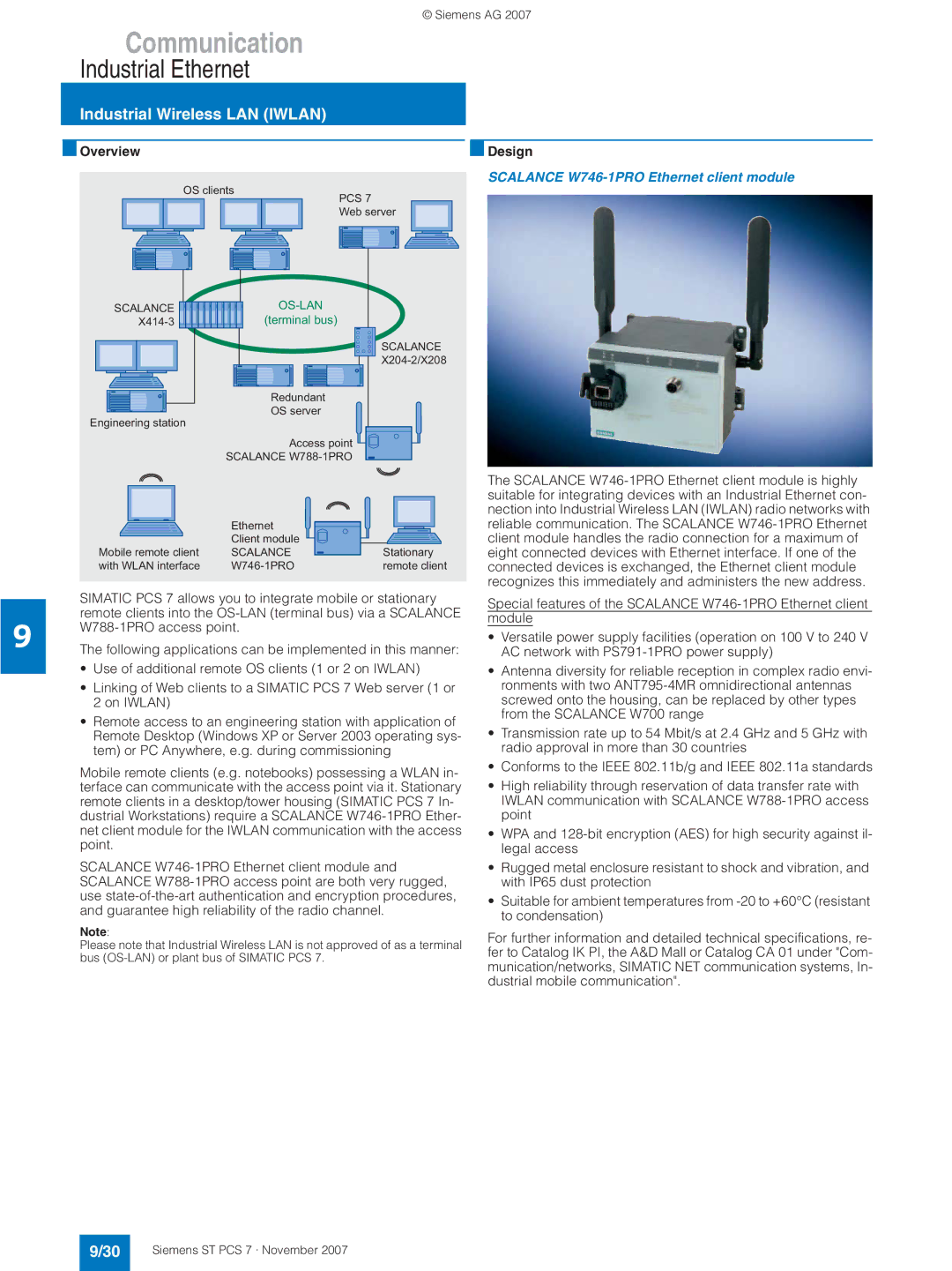 Siemens ST PCS 7 manual Industrial Wireless LAN Iwlan, Scalance W746-1PRO Ethernet client module 