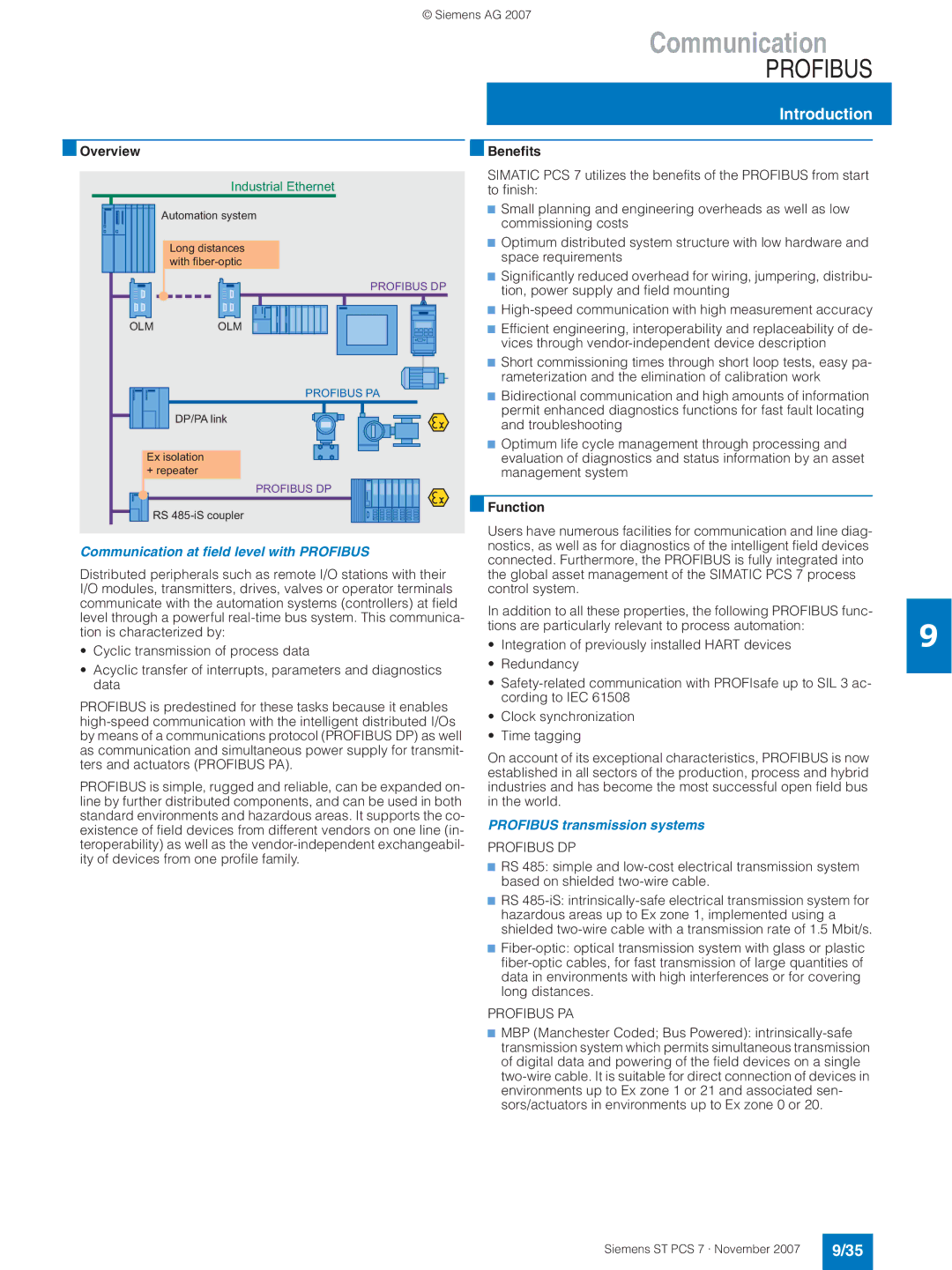 Siemens ST PCS 7 manual Communication at field level with Profibus, Profibus transmission systems 