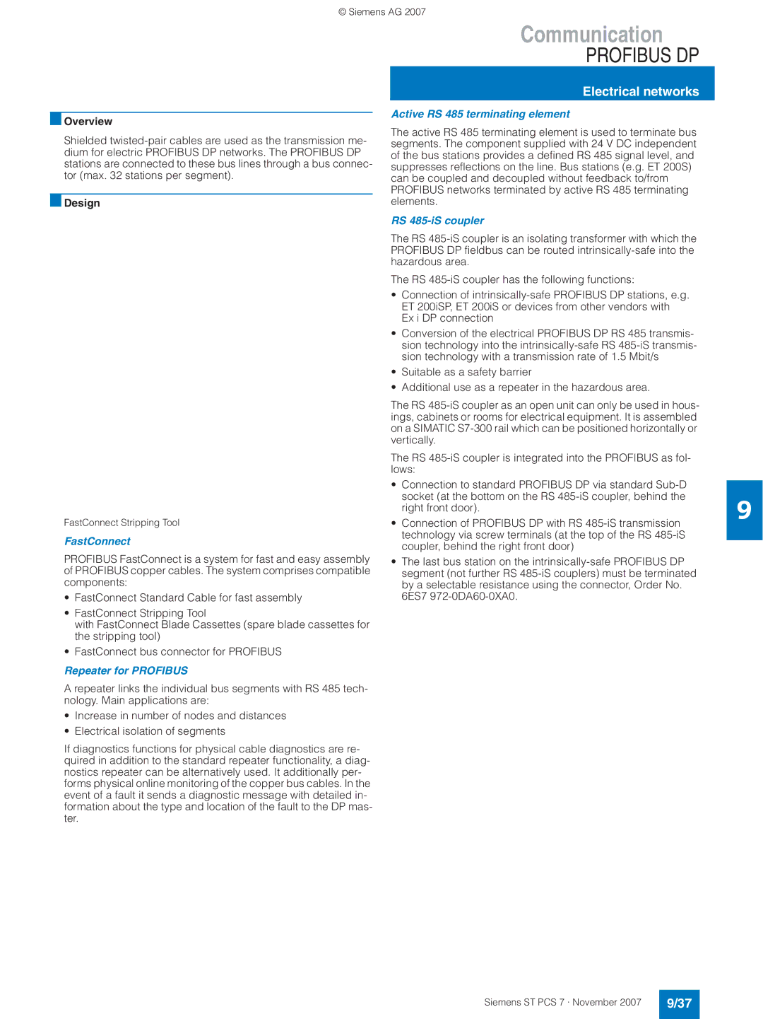 Siemens ST PCS 7 manual Electrical networks, FastConnect, Repeater for Profibus, Active RS 485 terminating element 