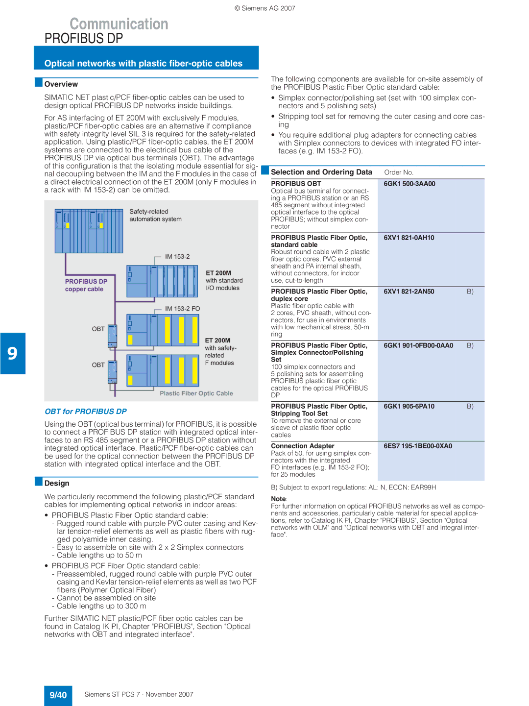 Siemens ST PCS 7 manual Optical networks with plastic fiber-optic cables, OBT for Profibus DP, Profibus OBT 