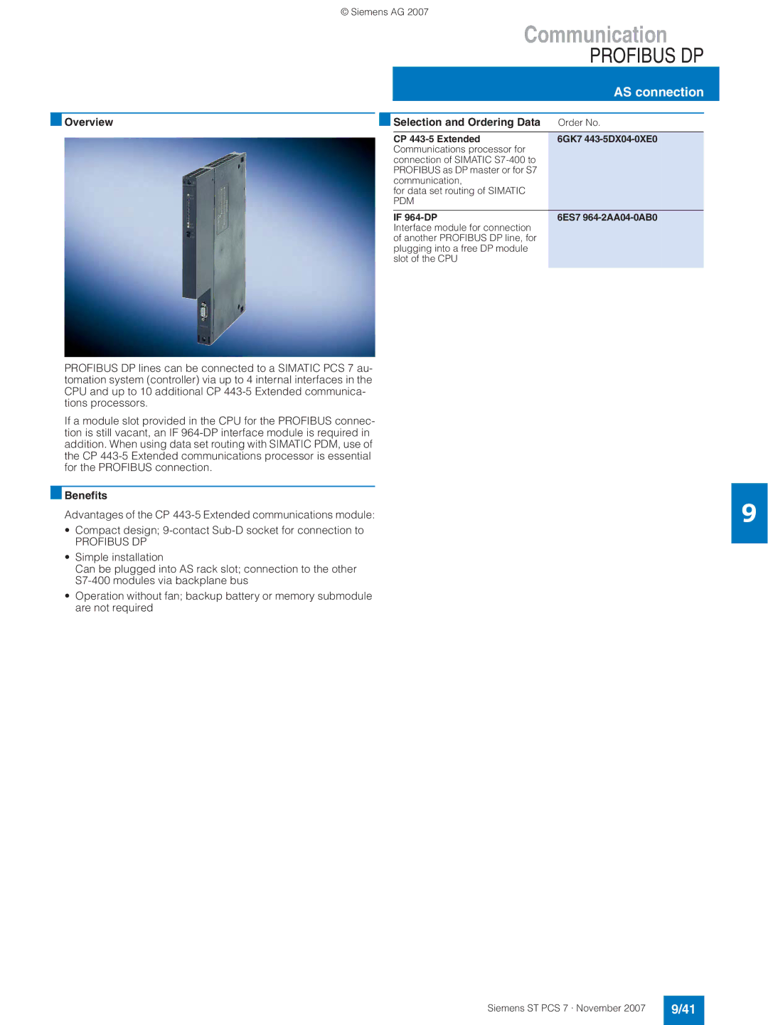 Siemens ST PCS 7 manual AS connection, Overview Selection and Ordering Data, CP 443-5 Extended 6GK7 443-5DX04-0XE0, Pdm 