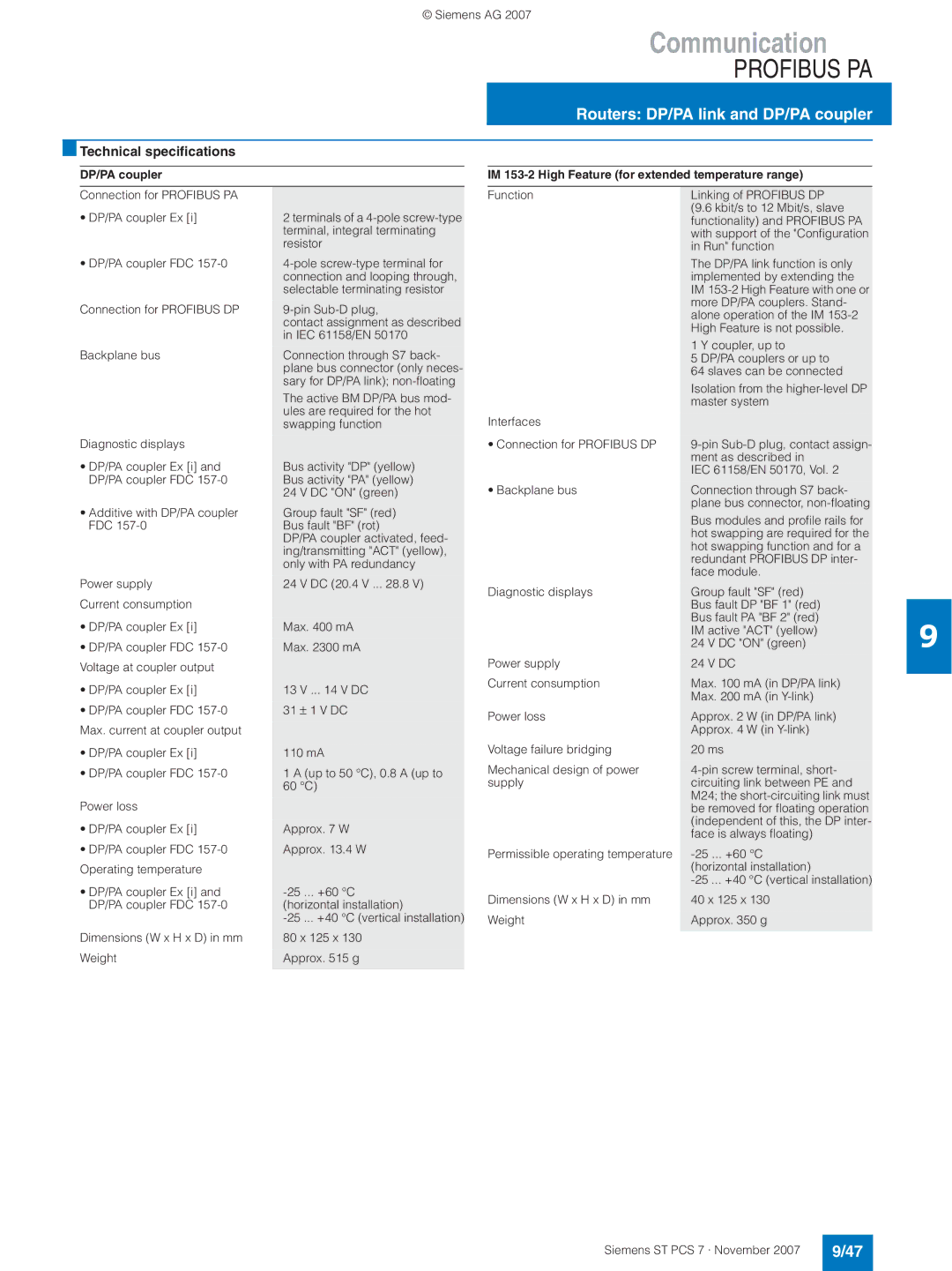 Siemens ST PCS 7 manual DP/PA coupler, IM 153-2 High Feature for extended temperature range 